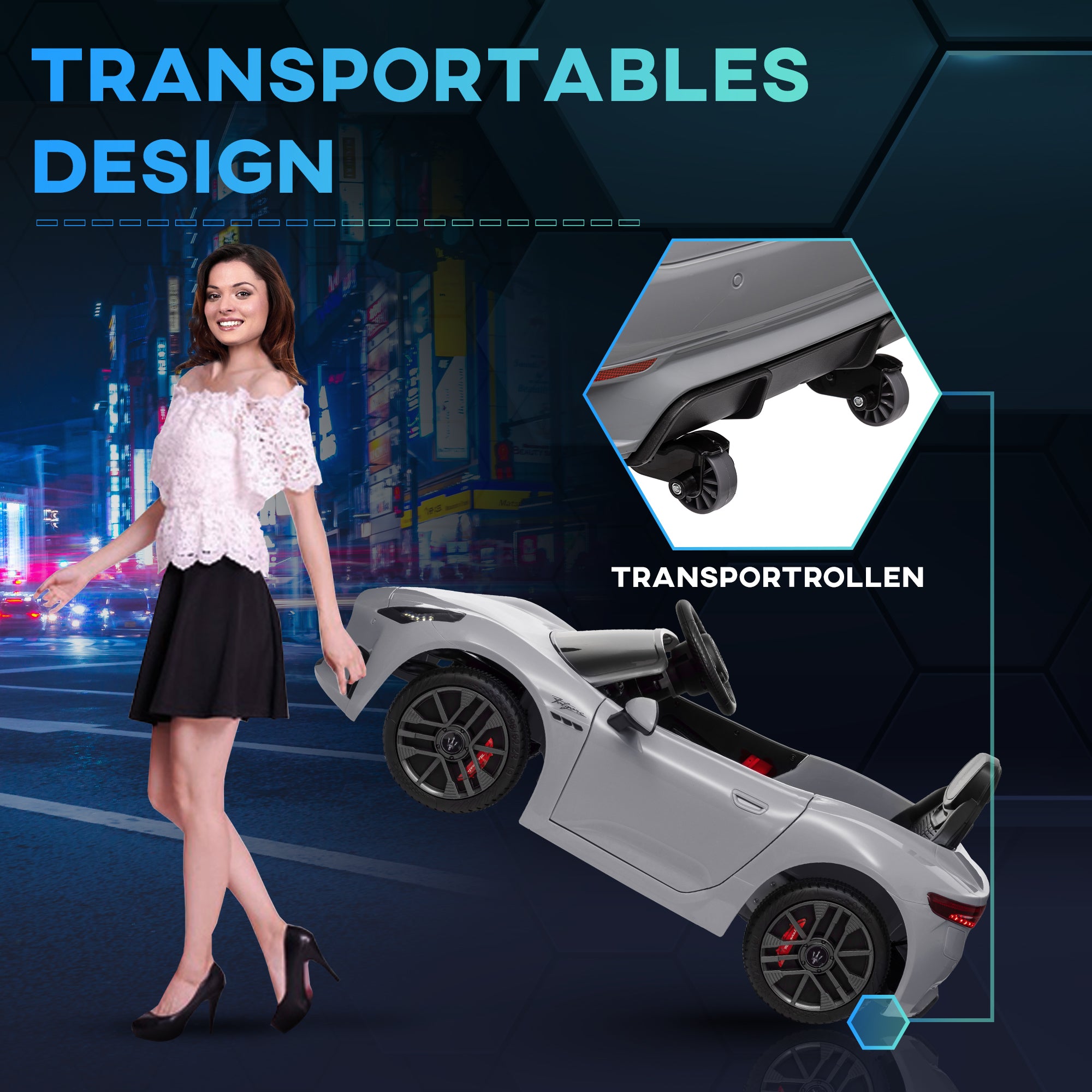 Kids Electric Car 12V Children's Car with 2.4 GHz Remote Control, 2 Motors, Kids Vehicle with Horn, LED, Music, Soft Start, Electric Vehicle with Training Wheel, for 3-5 Year Olds, Gray