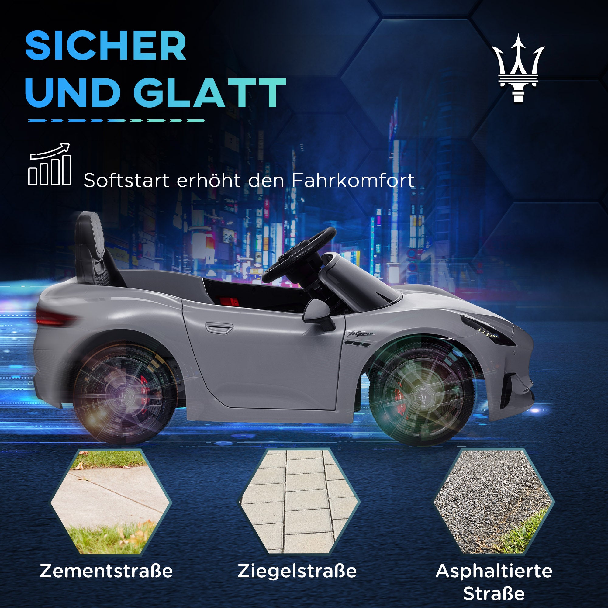 Kids Electric Car 12V Children's Car with 2.4 GHz Remote Control, 2 Motors, Kids Vehicle with Horn, LED, Music, Soft Start, Electric Vehicle with Training Wheel, for 3-5 Year Olds, Gray