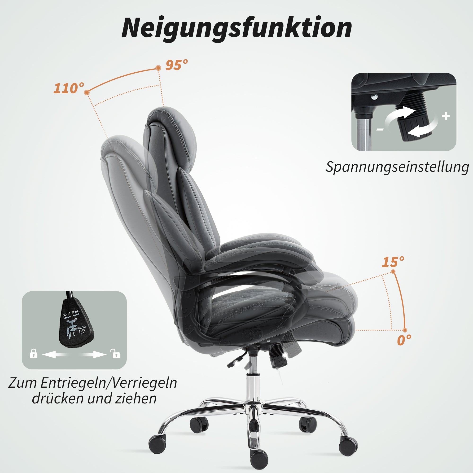 Big & Tall Executive Office Chair – PU Leather, Spring-Cushioned Seat, Quiet Casters, High Back, Height Adjustable, Anthracite Gray