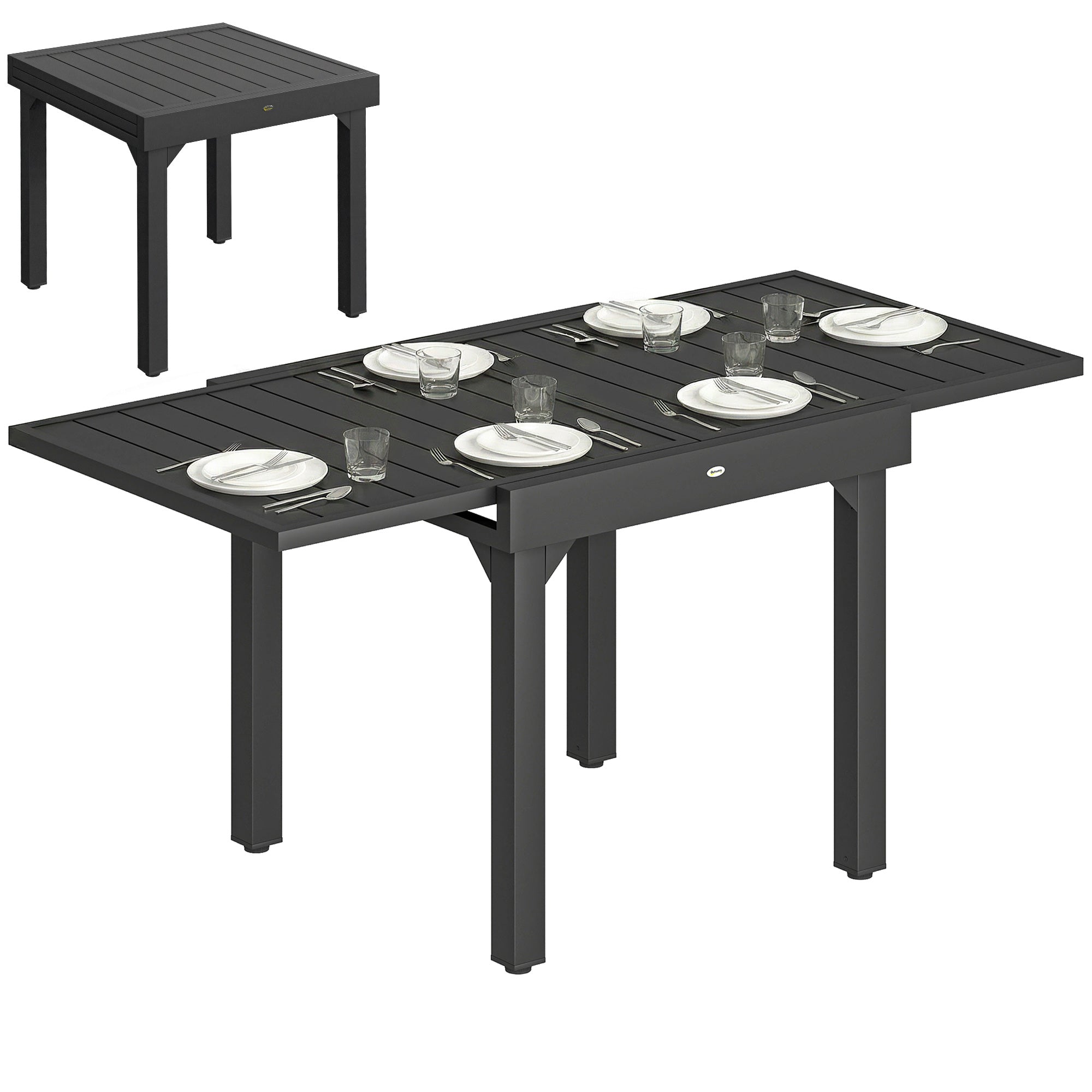 Extendable Garden Dining Table, 31.5–63 in (80–160 cm) Adjustable Outdoor Table, Aluminum Slatted Top, 154 lb Capacity, Rectangular for 4–6 People, Patio/Terrace, Black