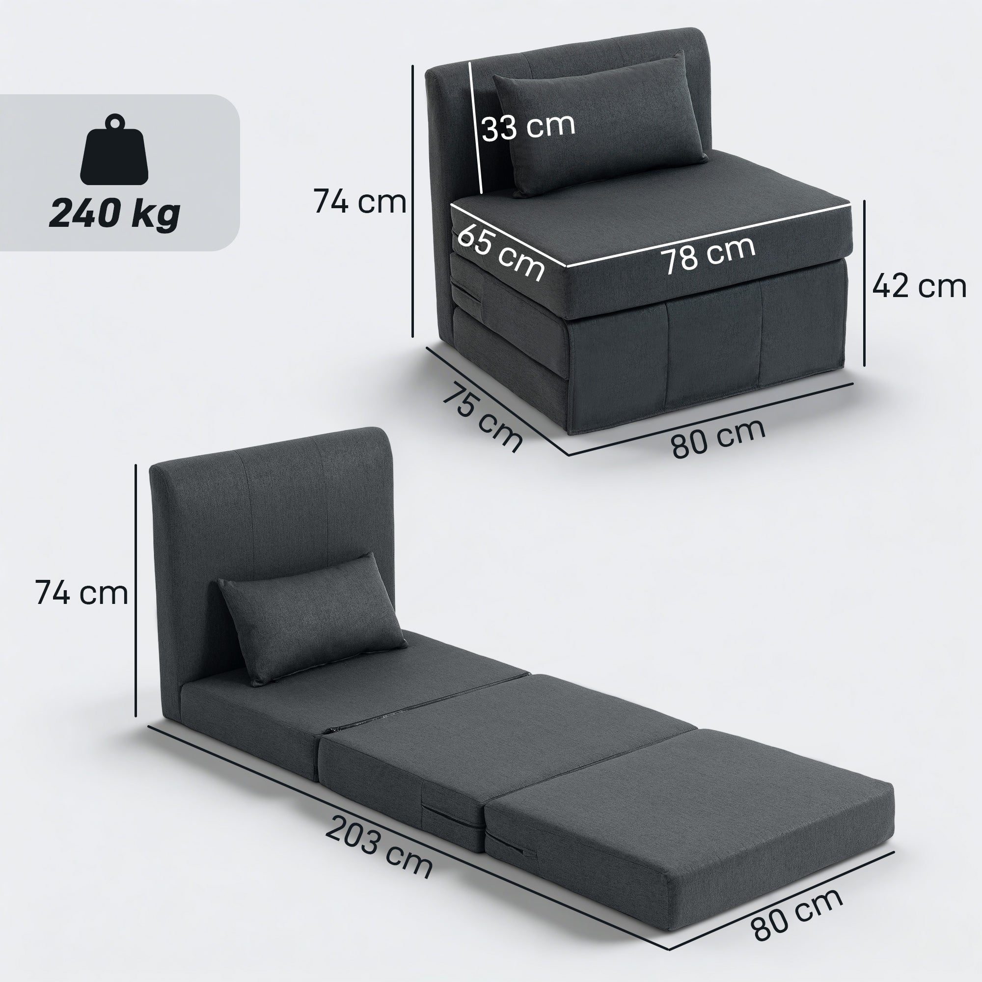 2-in-1 Folding Floor Sofa Bed — Linen-Look Padded Guest Chair Converts to Single Bed, Dark Gray (31.5 x 29.5 x 29.1 in)