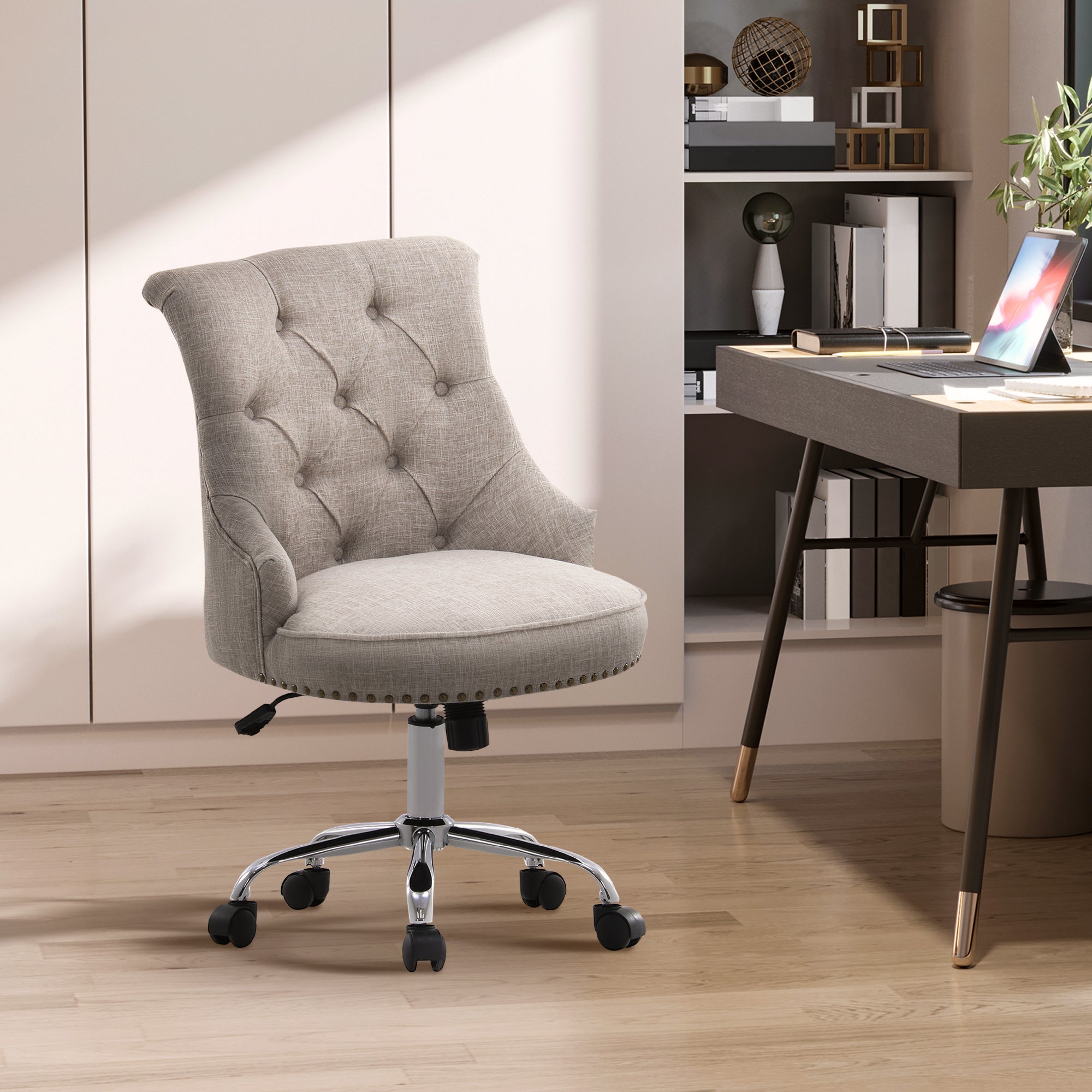 Swivel Chair with Casters Upholstered Office Chair 360° Swivel Height Adjustable Linen Metal Gray 54 x 65.5 x (84-91) cm