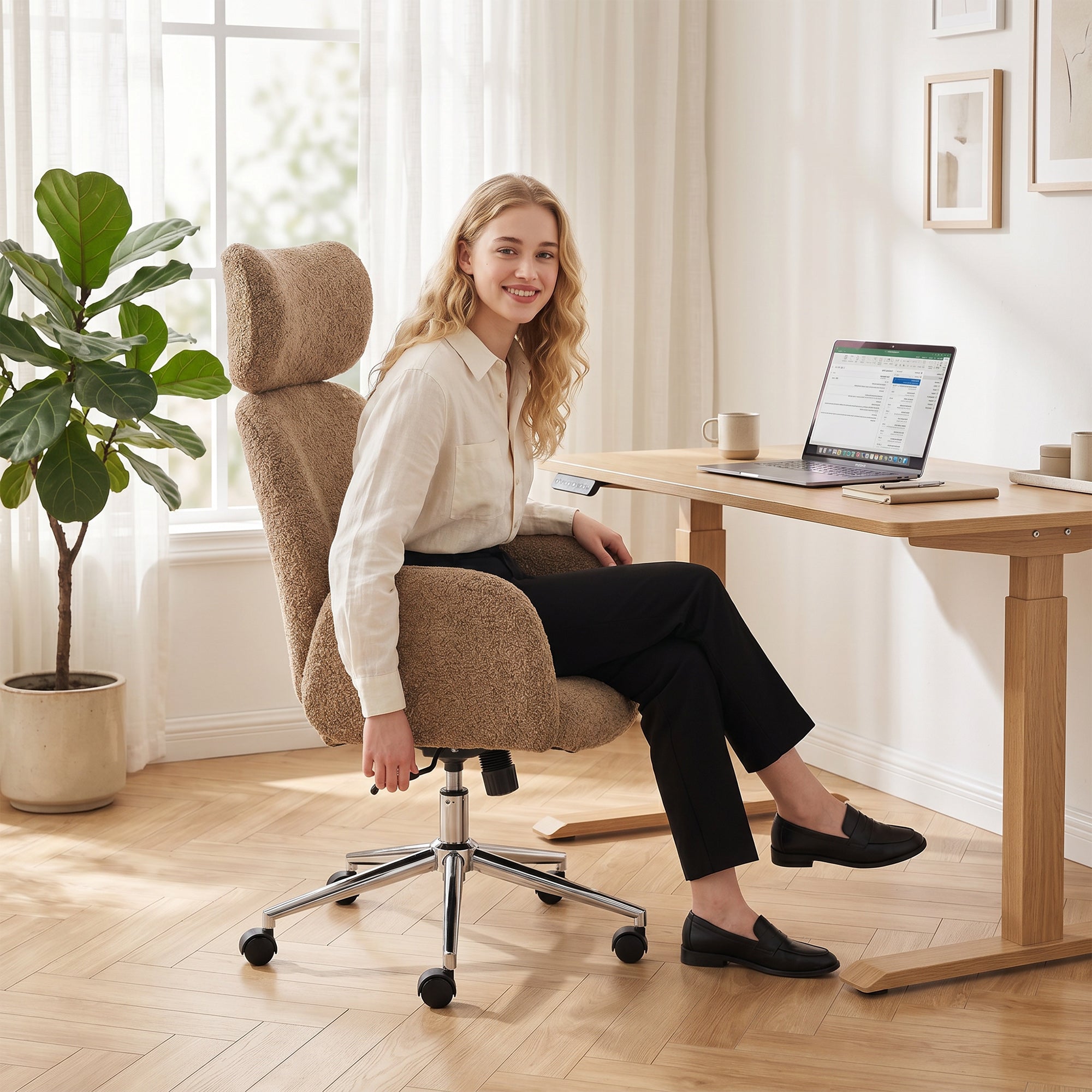 Office Chair for Home Office with Armrests, Adjustable Headrest, Height-Adjustable Swivel Chair with Tilt, Bouclé Finish, Brown