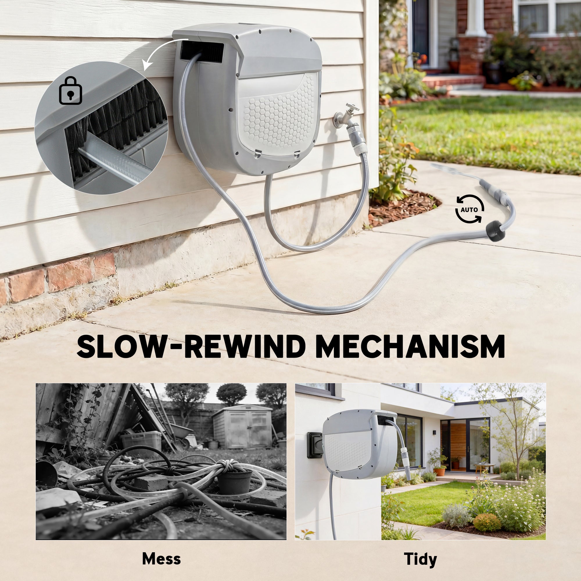 98 ft (30 m) Retractable Garden Hose Reel — 180° Swivel, Auto-Retract & Self-Locking, Wall-Mount, Gray