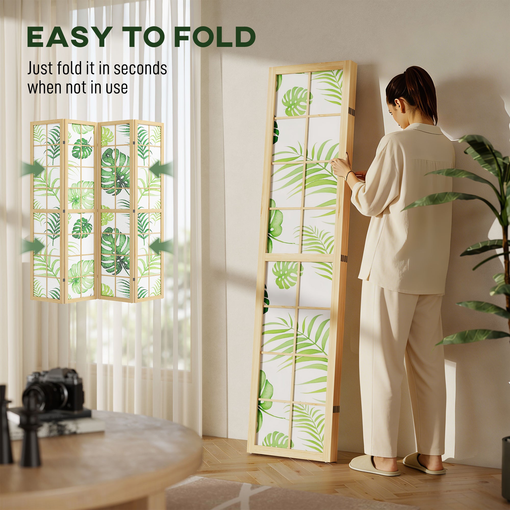 4-Panel Folding Room Divider, 63 x 67 in — Pine Frame Privacy Screen with Palm Leaf Print, Free-Standing Partition (Natural Wood & Green)