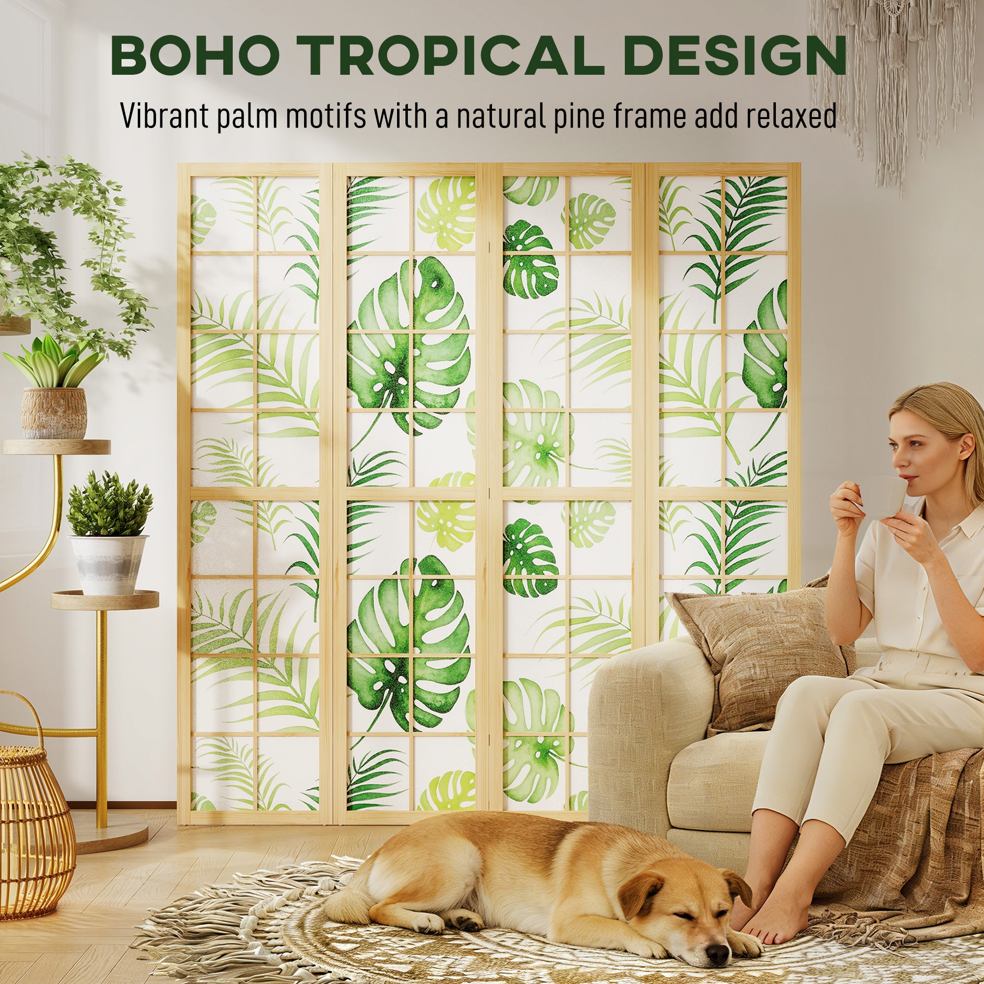 4-Panel Folding Room Divider, 63 x 67 in — Pine Frame Privacy Screen with Palm Leaf Print, Free-Standing Partition (Natural Wood & Green)