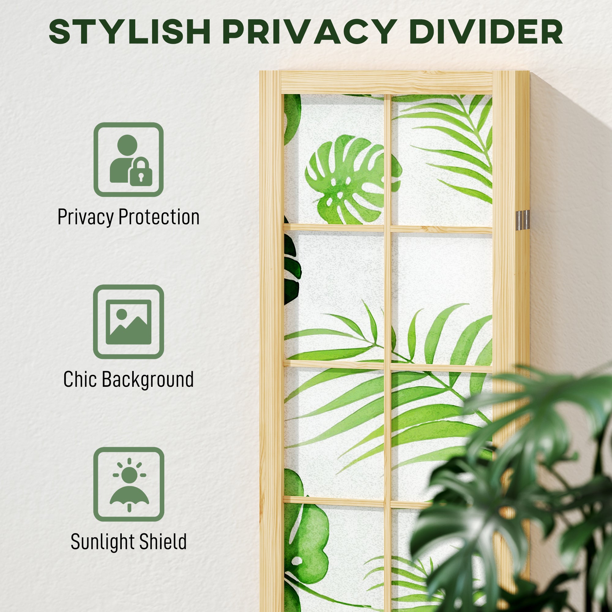 4-Panel Folding Room Divider, 63 x 67 in — Pine Frame Privacy Screen with Palm Leaf Print, Free-Standing Partition (Natural Wood & Green)