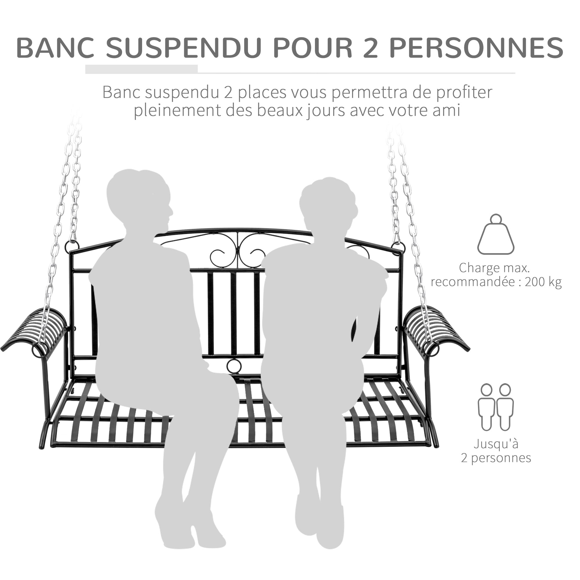 2-Seater Hanging Garden Bench in Metal dim. 137L x 58W x 52H cm Black