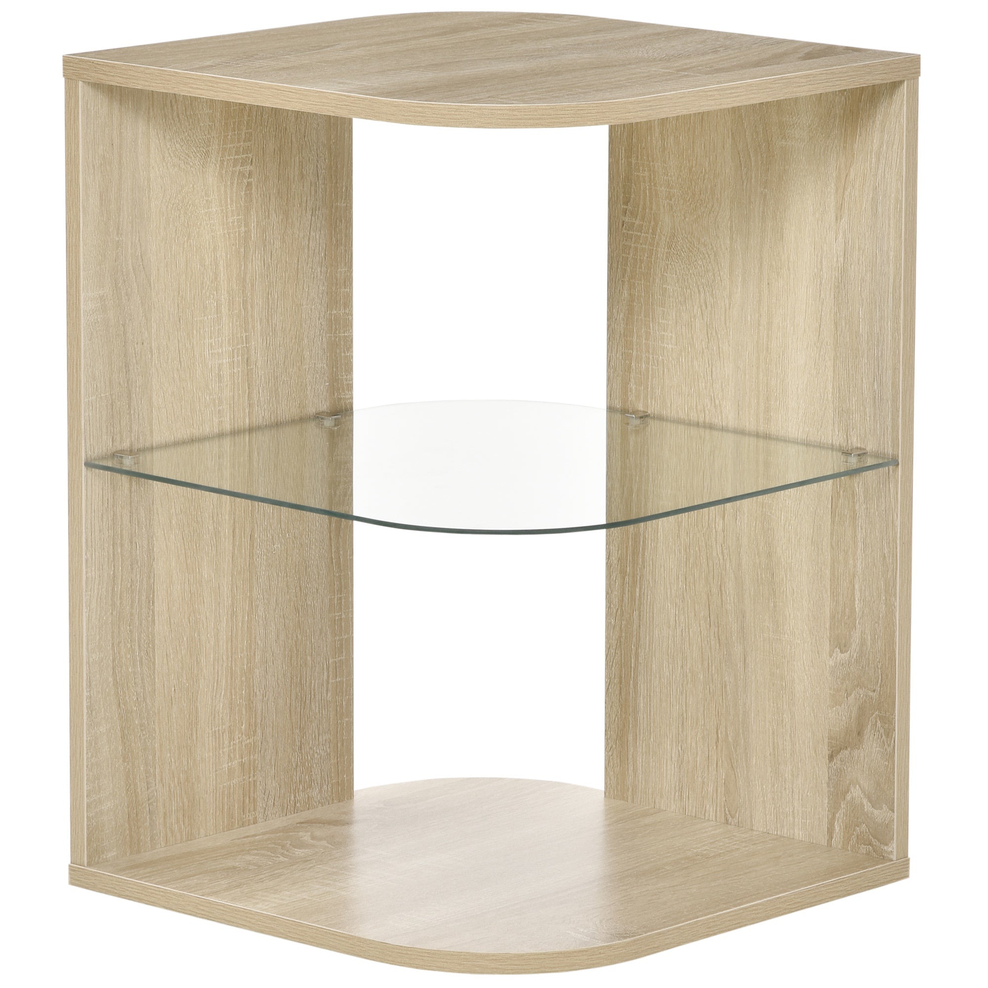 Modern Living Room Side Table Nightstand with 3 Glass Shelves Coffee Table for Living Room Bedroom 15.75"x15.75"x22" Natural Wood
