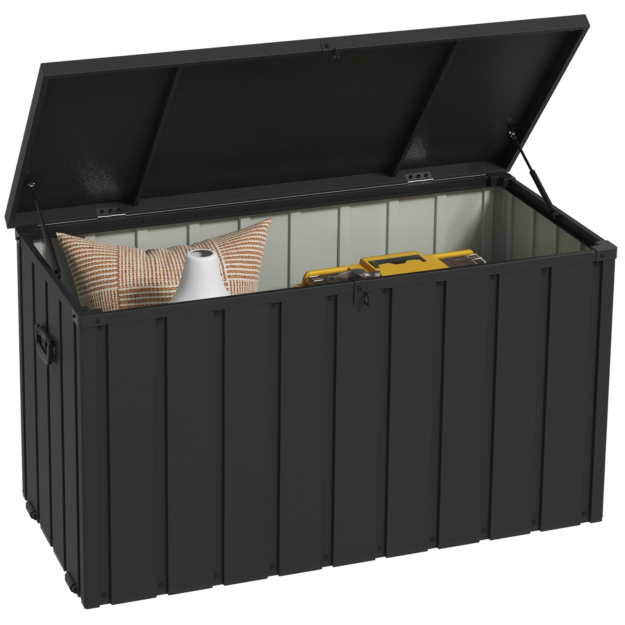 Garden Storage Trunk Box 450L Capacity Metal with Gas Strut, Wheels, and Handle - dim. 125.5L x 61.5W x 70H cm