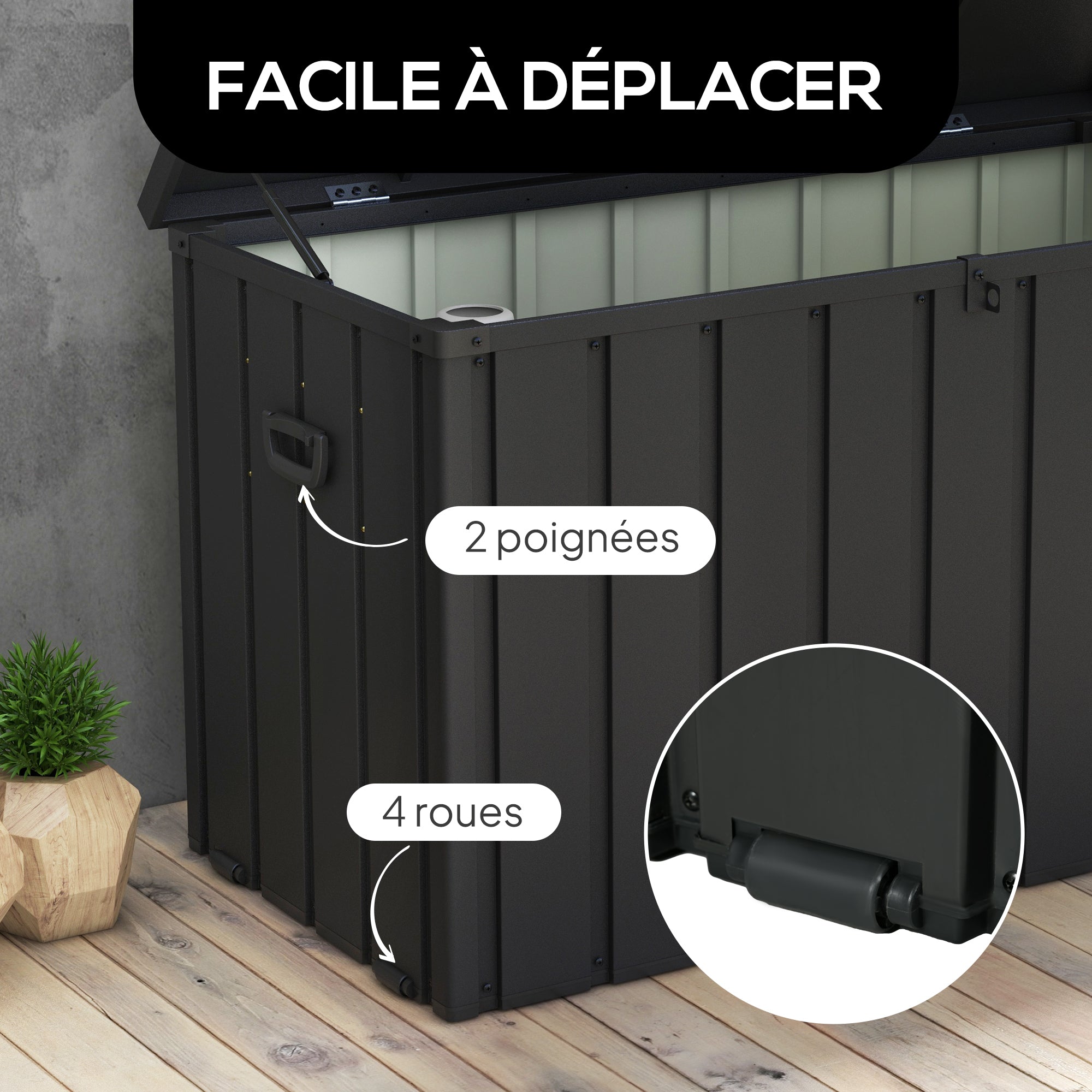 Garden Storage Trunk Box 450L Capacity Metal with Gas Strut, Wheels, and Handle - dim. 125.5L x 61.5W x 70H cm