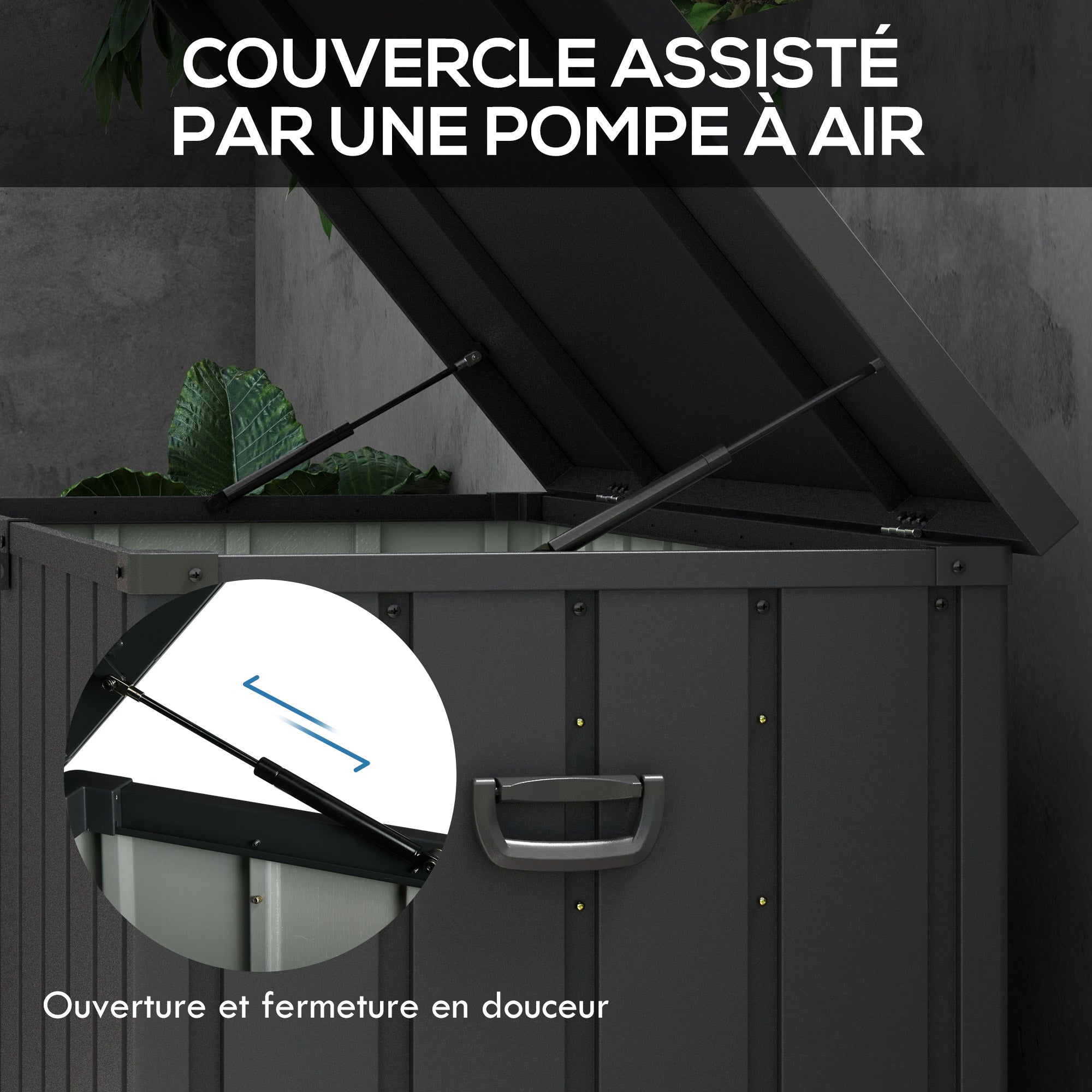 Garden Storage Trunk Box 450L Capacity Metal with Gas Strut, Wheels, and Handle - dim. 125.5L x 61.5W x 70H cm