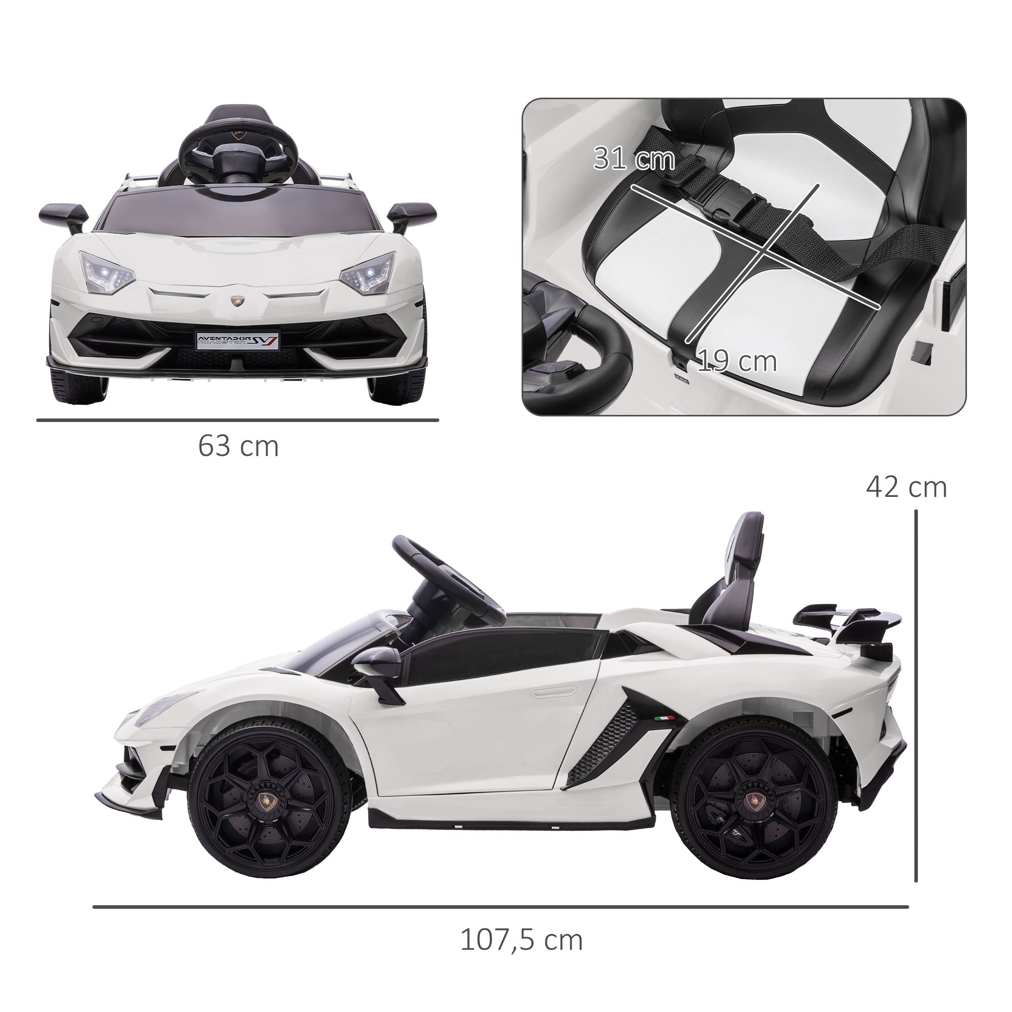 Children's Electric Car LAMBORGHINI AVENTADOR SVJ ROADSTER 12V Kids Car with 2.4G Remote Control, 2 Motors, Children's Vehicle with MP3 Horn, Music, Soft Start, Electric Vehicle for 3-5 Years Kids, White