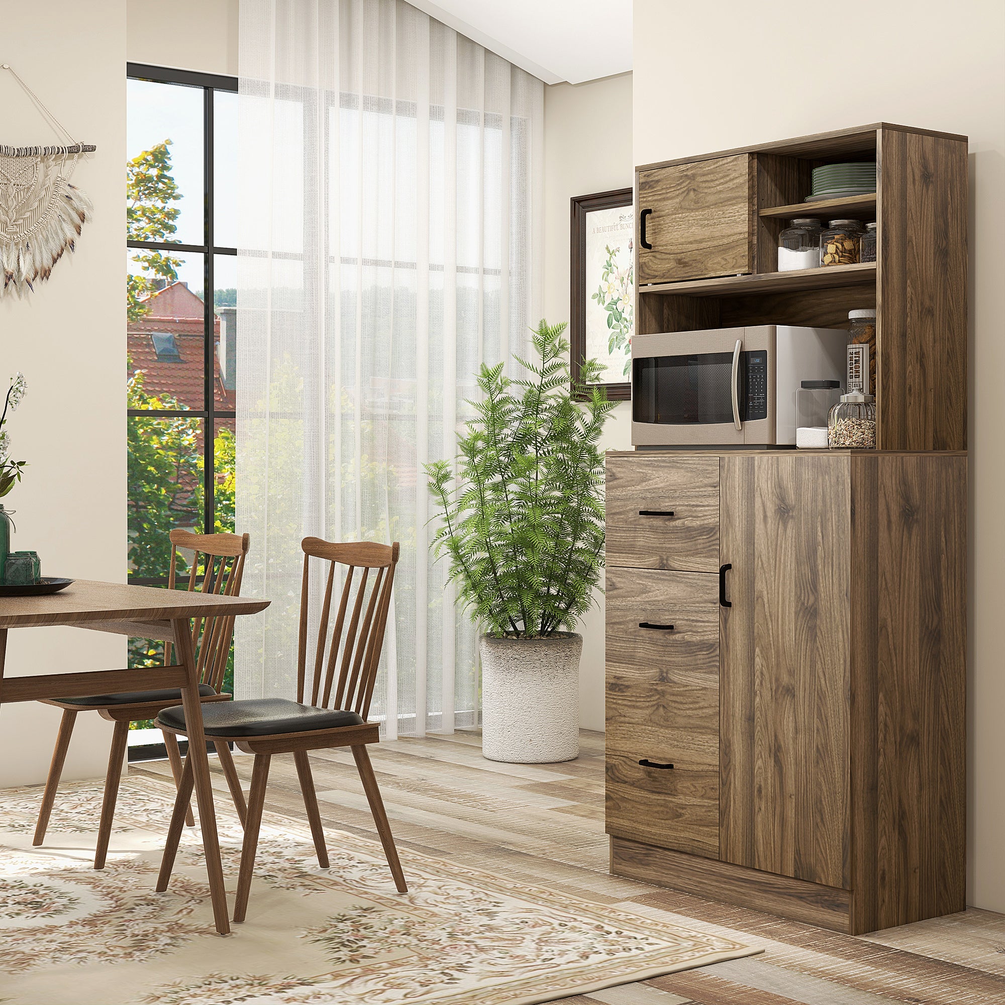 Modern Credenza with 3 Drawers and Cabinets, Kitchen and Living Room Pantry Storage in Wood, 80x40x178cm, Walnut