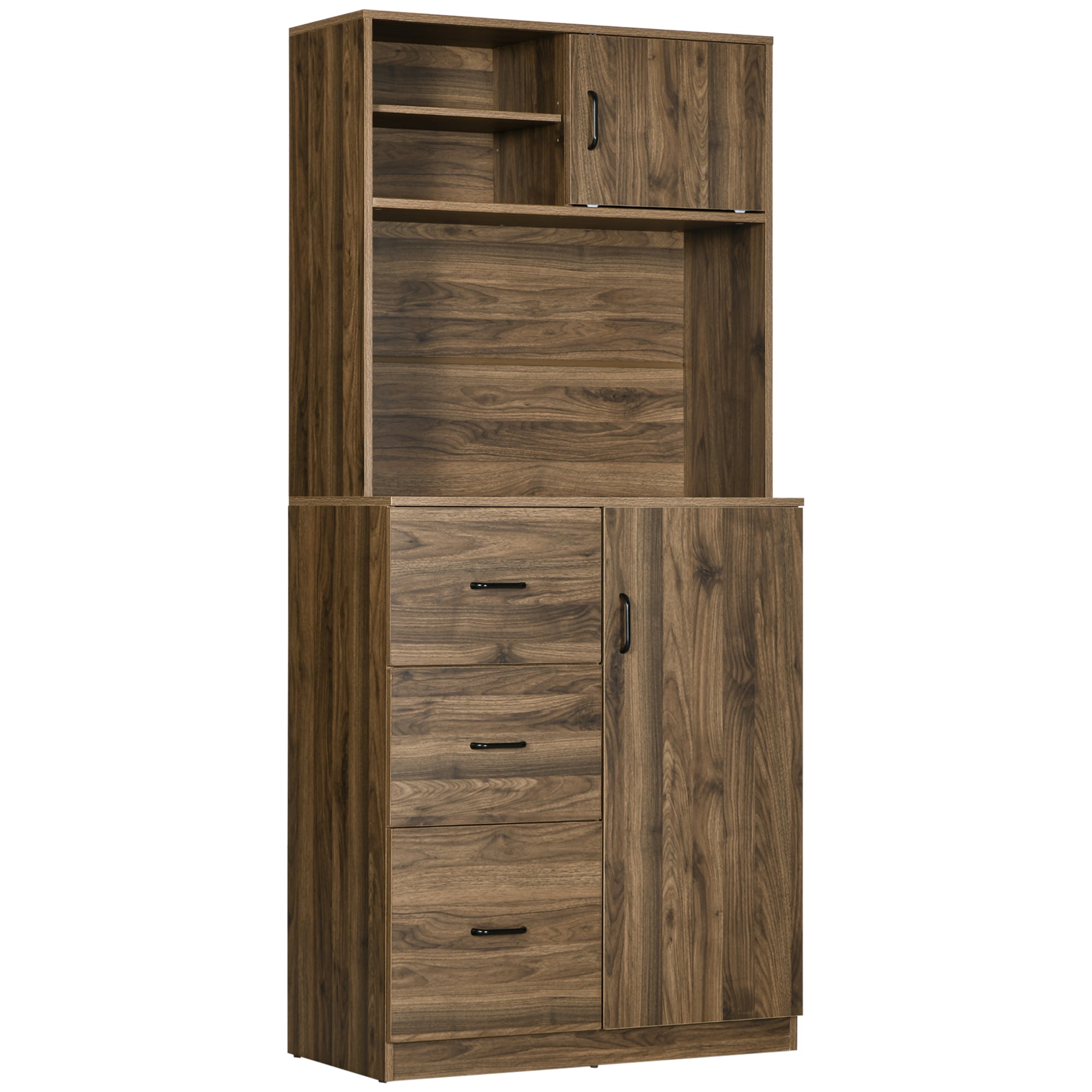 Modern Credenza with 3 Drawers and Cabinets, Kitchen and Living Room Pantry Storage in Wood, 80x40x178cm, Walnut