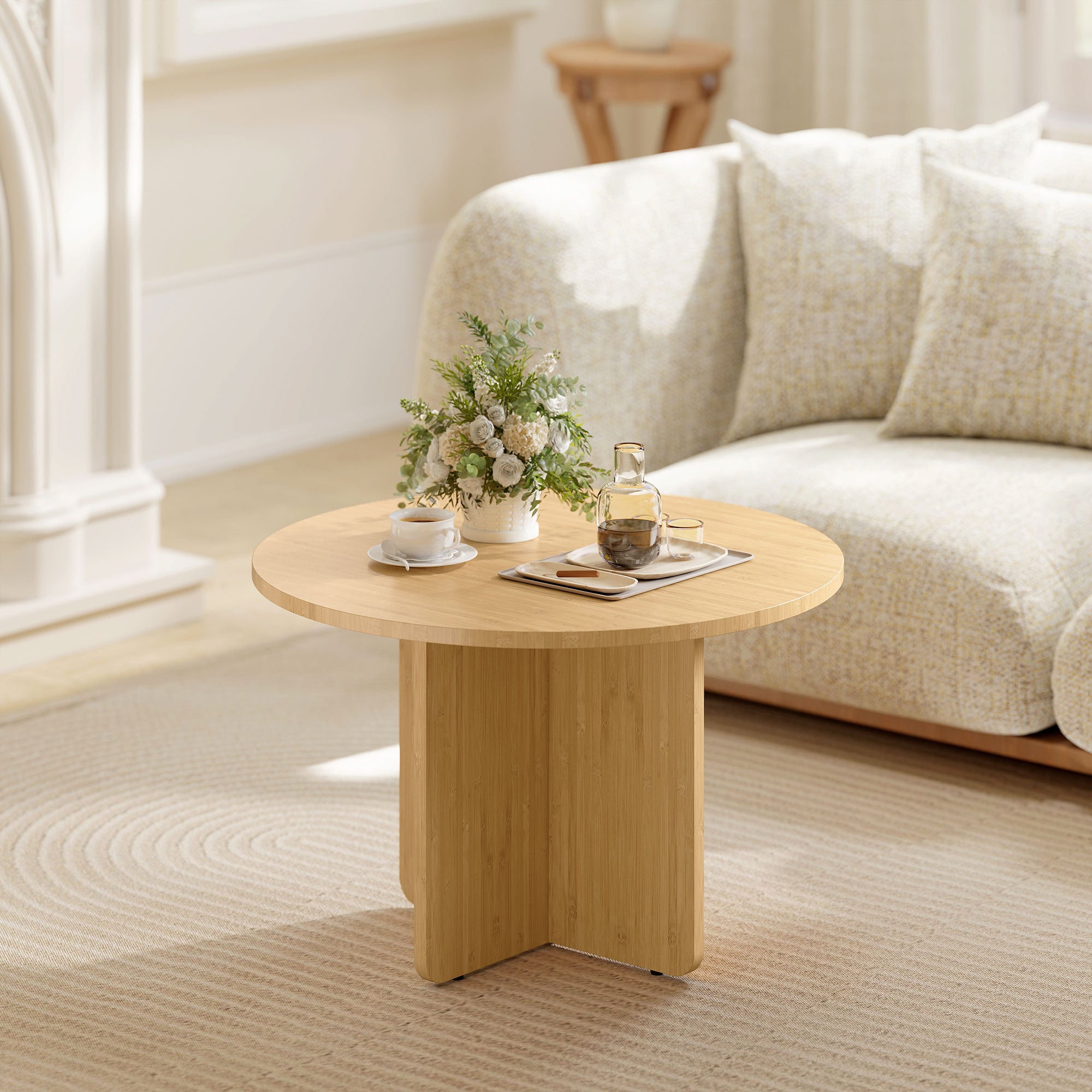 Round Bamboo Coffee Table Ø26 in Modern Living Room Table with Cross Base, Supports up to 265 lb, Natural