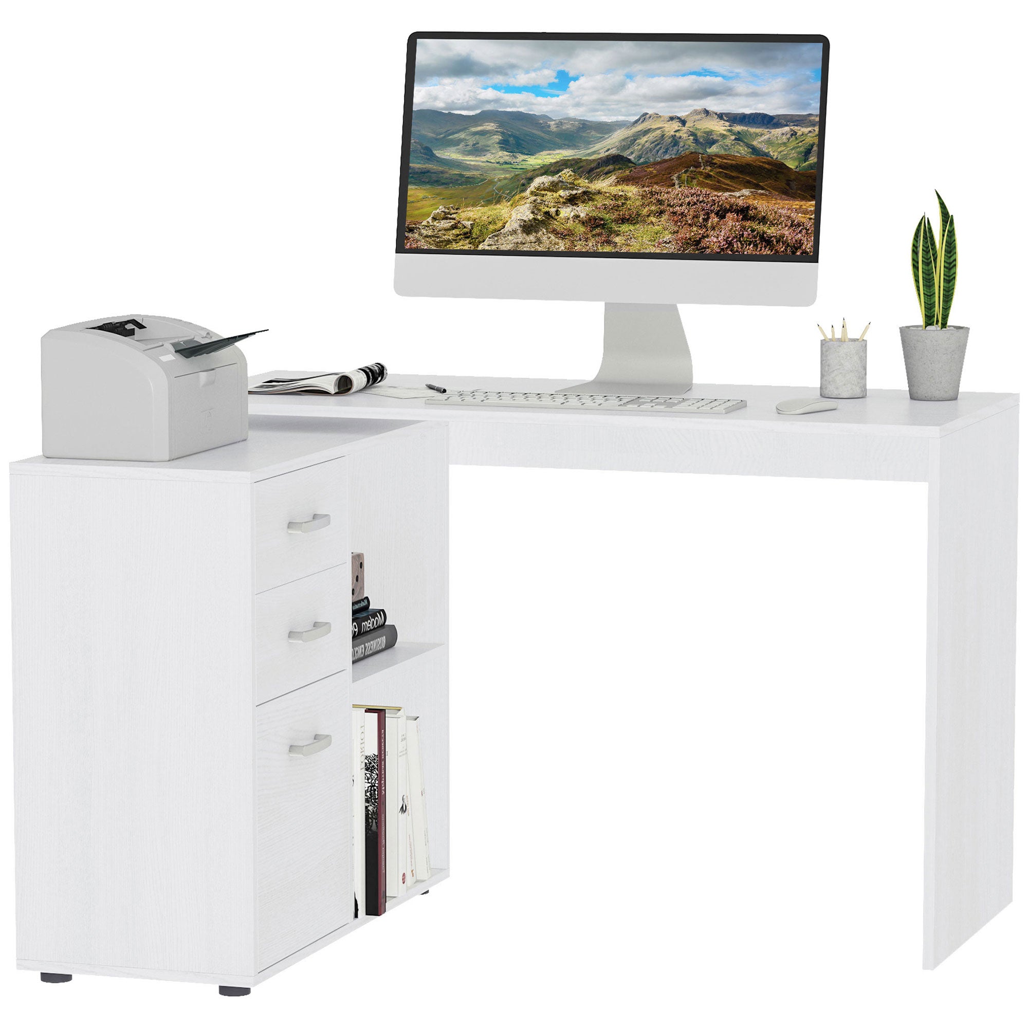 White Modular Corner Straight Desk Dining Table 2 in 1 Computer Desk 3 Drawers + 2 Shelves MDF