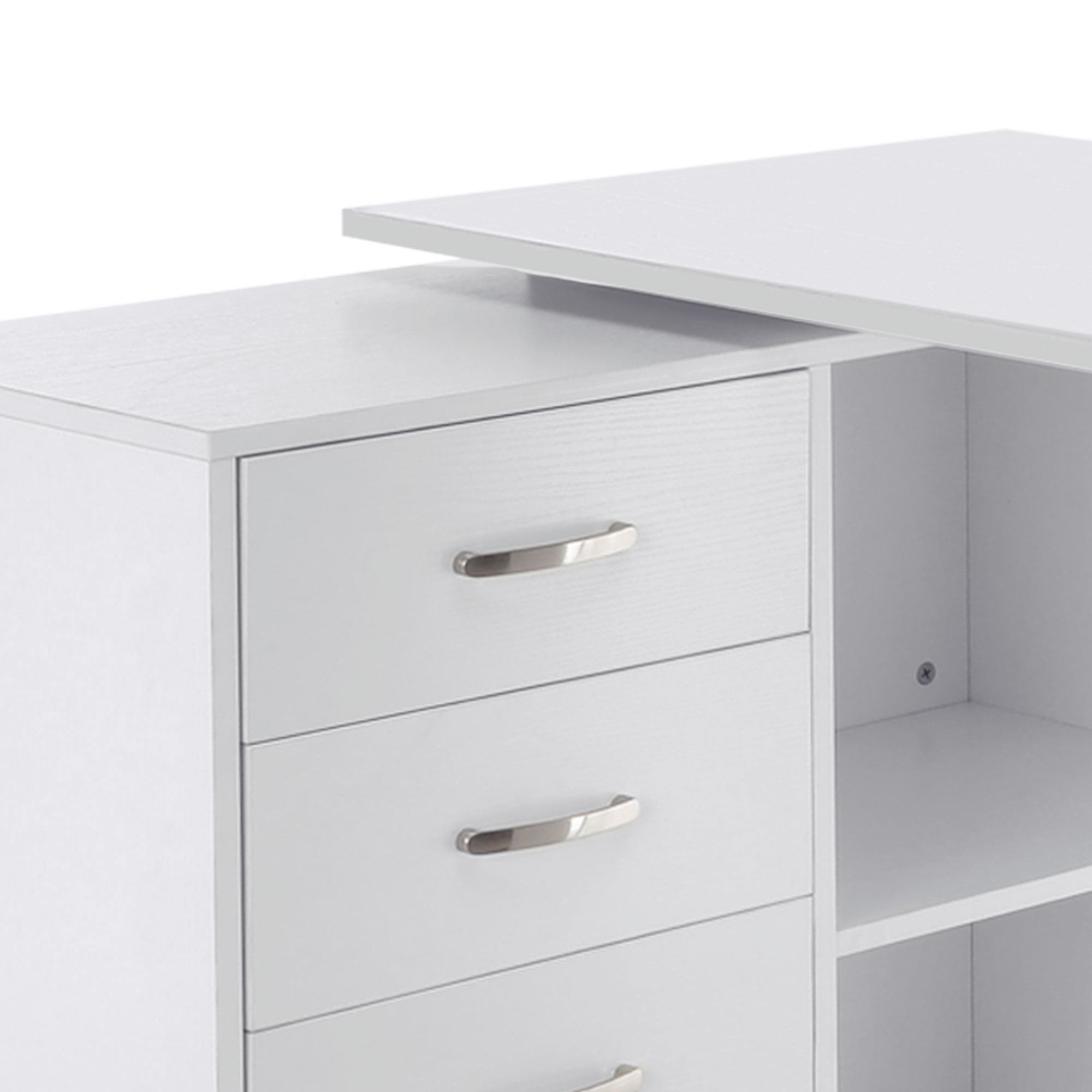 White Modular Corner Straight Desk Dining Table 2 in 1 Computer Desk 3 Drawers + 2 Shelves MDF