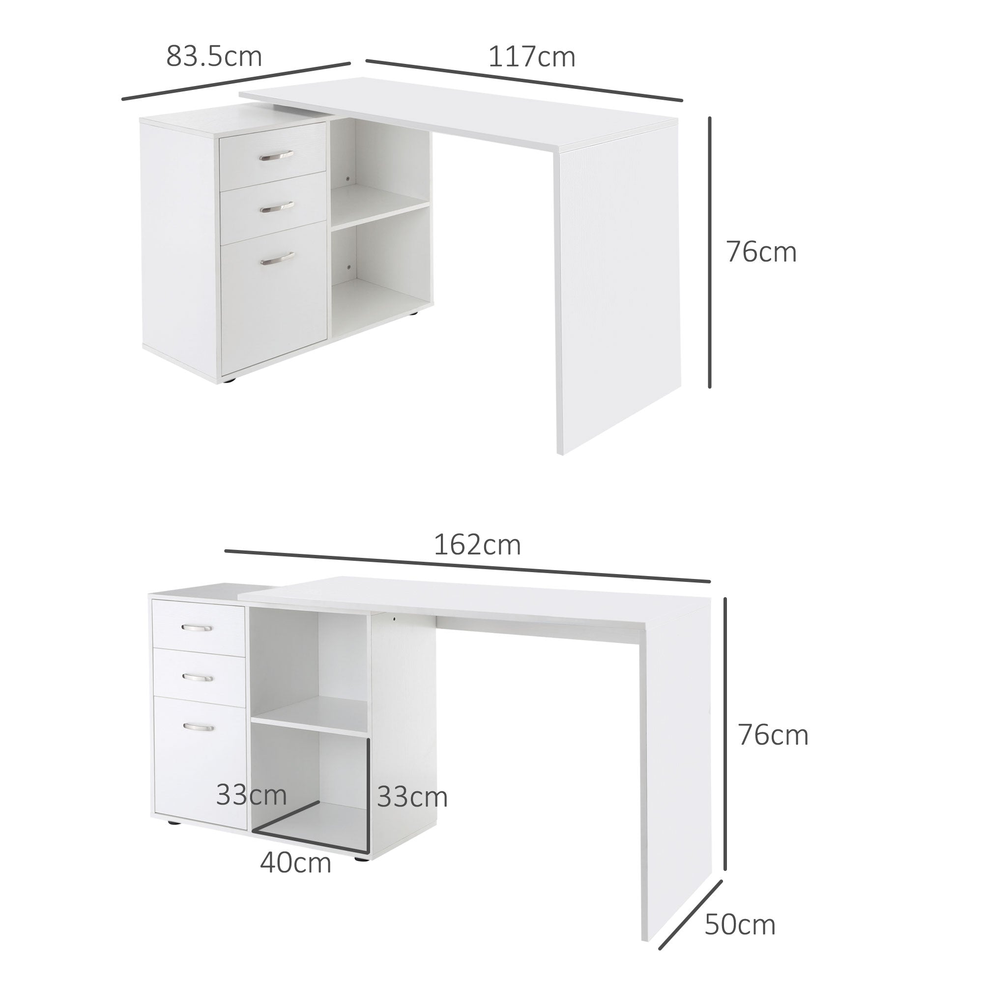 White Modular Corner Straight Desk Dining Table 2 in 1 Computer Desk 3 Drawers + 2 Shelves MDF