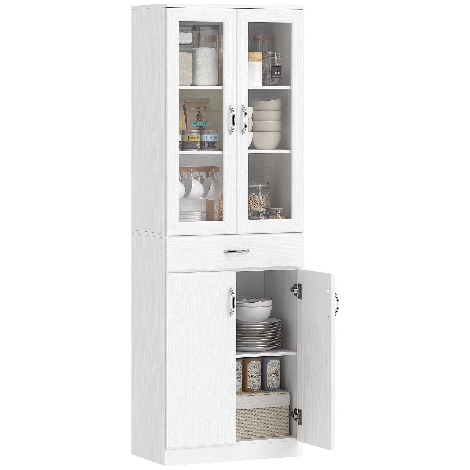 Tall Kitchen Pantry Cabinet with Glass Doors, Drawer & Adjustable Shelves, White, 23.6 x 13.8 x 70.9 in