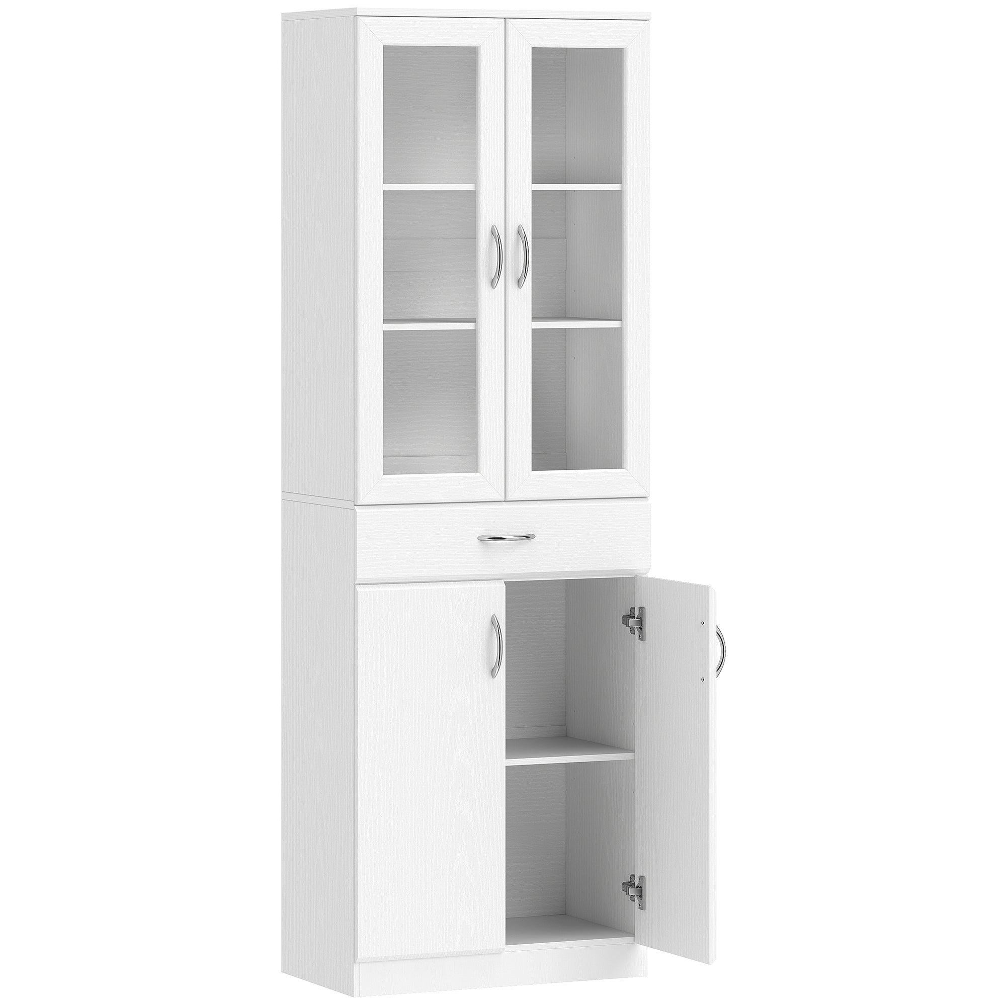 Tall Kitchen Pantry Cabinet with Glass Doors, Drawer & Adjustable Shelves, White, 23.6 x 13.8 x 70.9 in