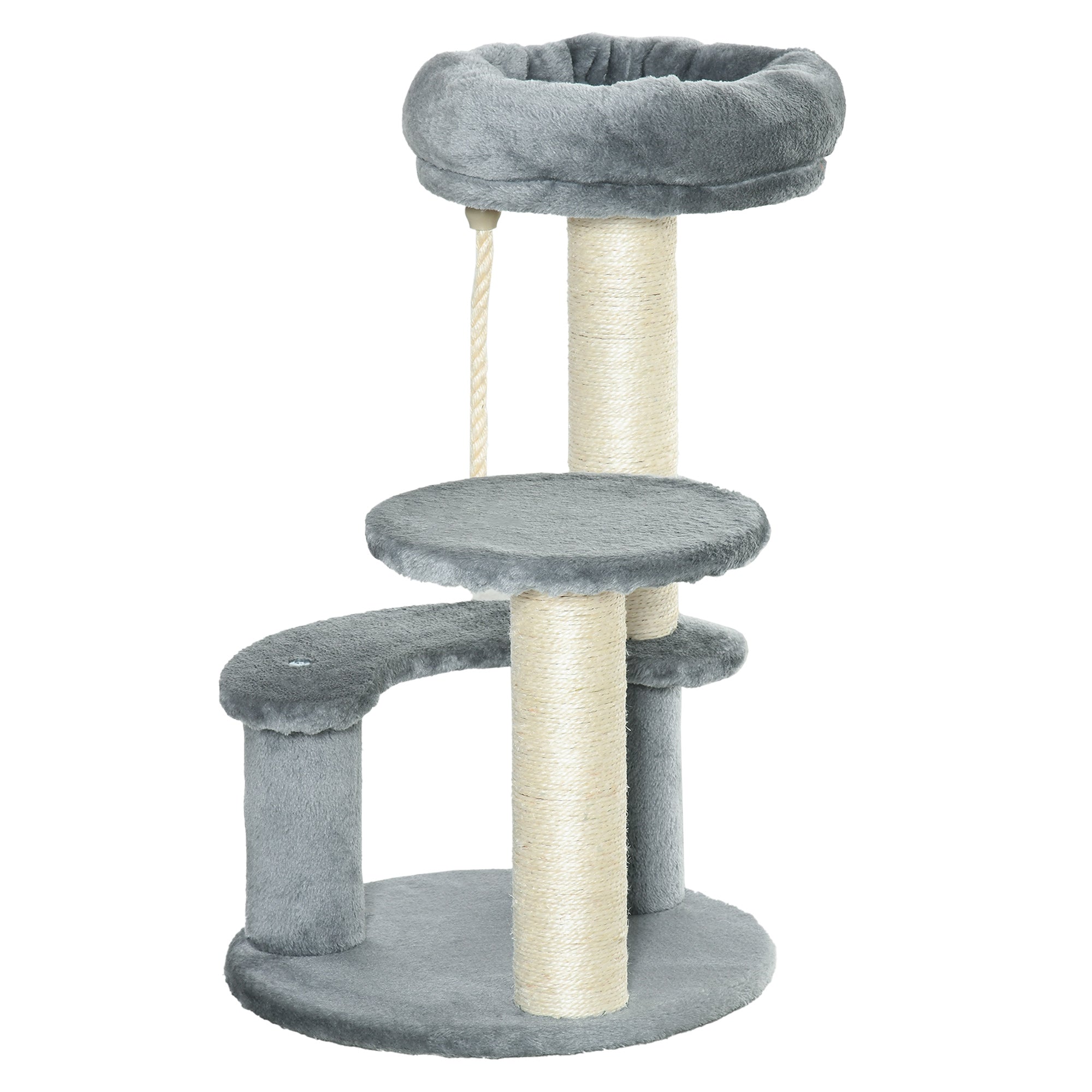 Cat Tree Climbing Tree with Hammock, 3-Tier Play Tree with Cat Bed Cat Scratching Post with Sitting Platform, Sisal Columns, Gray Ø40 x H65 cm
