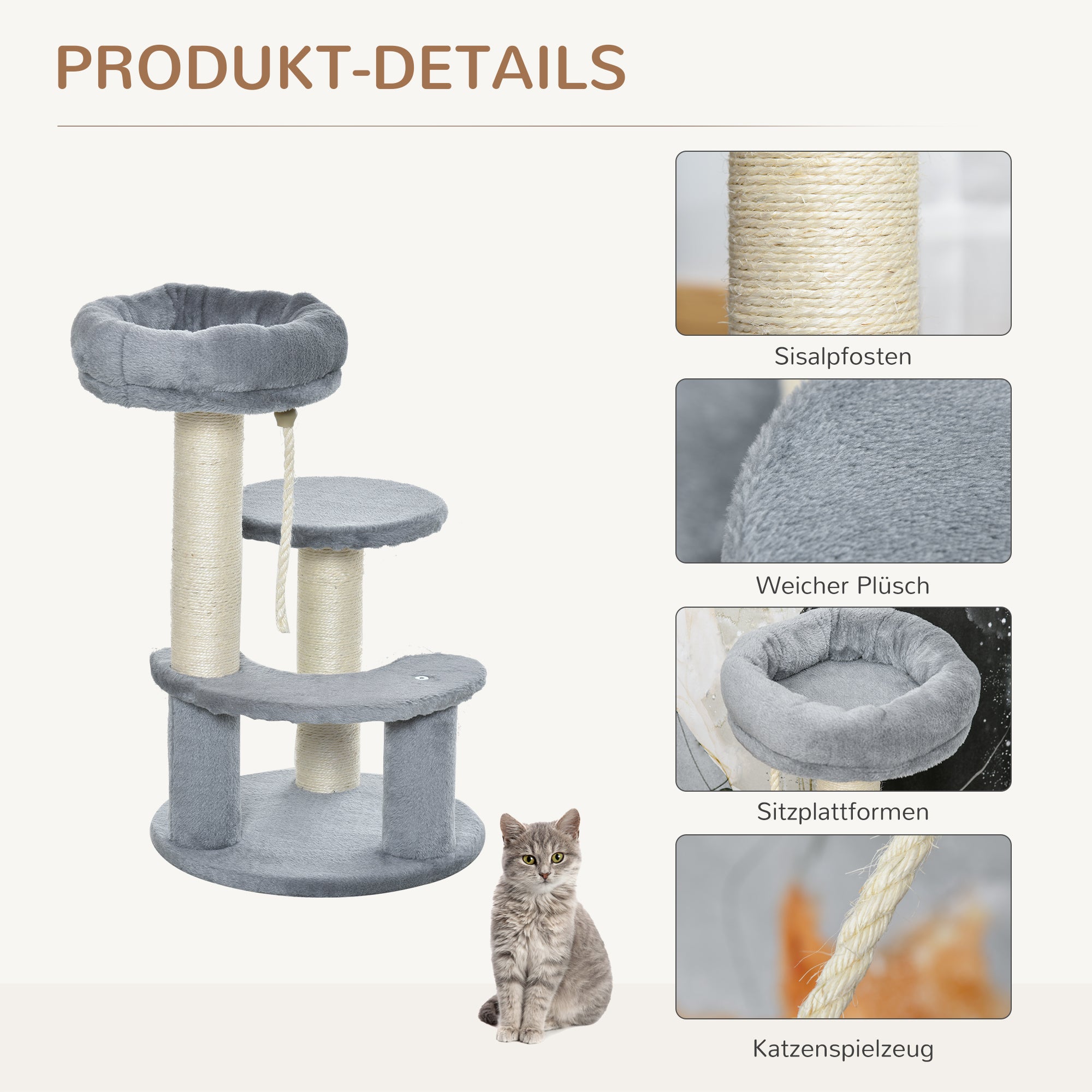 Cat Tree Climbing Tree with Hammock, 3-Tier Play Tree with Cat Bed Cat Scratching Post with Sitting Platform, Sisal Columns, Gray Ø40 x H65 cm