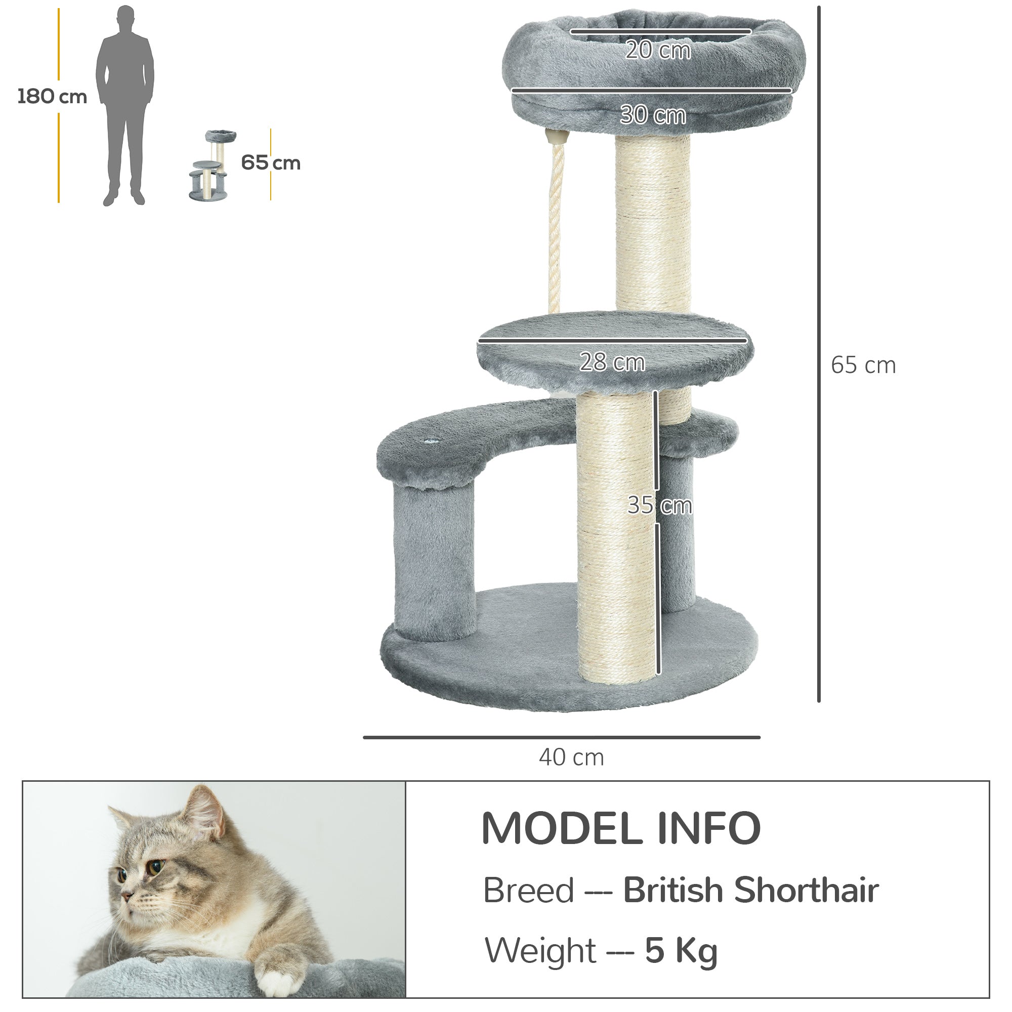 Cat Tree Climbing Tree with Hammock, 3-Tier Play Tree with Cat Bed Cat Scratching Post with Sitting Platform, Sisal Columns, Gray Ø40 x H65 cm