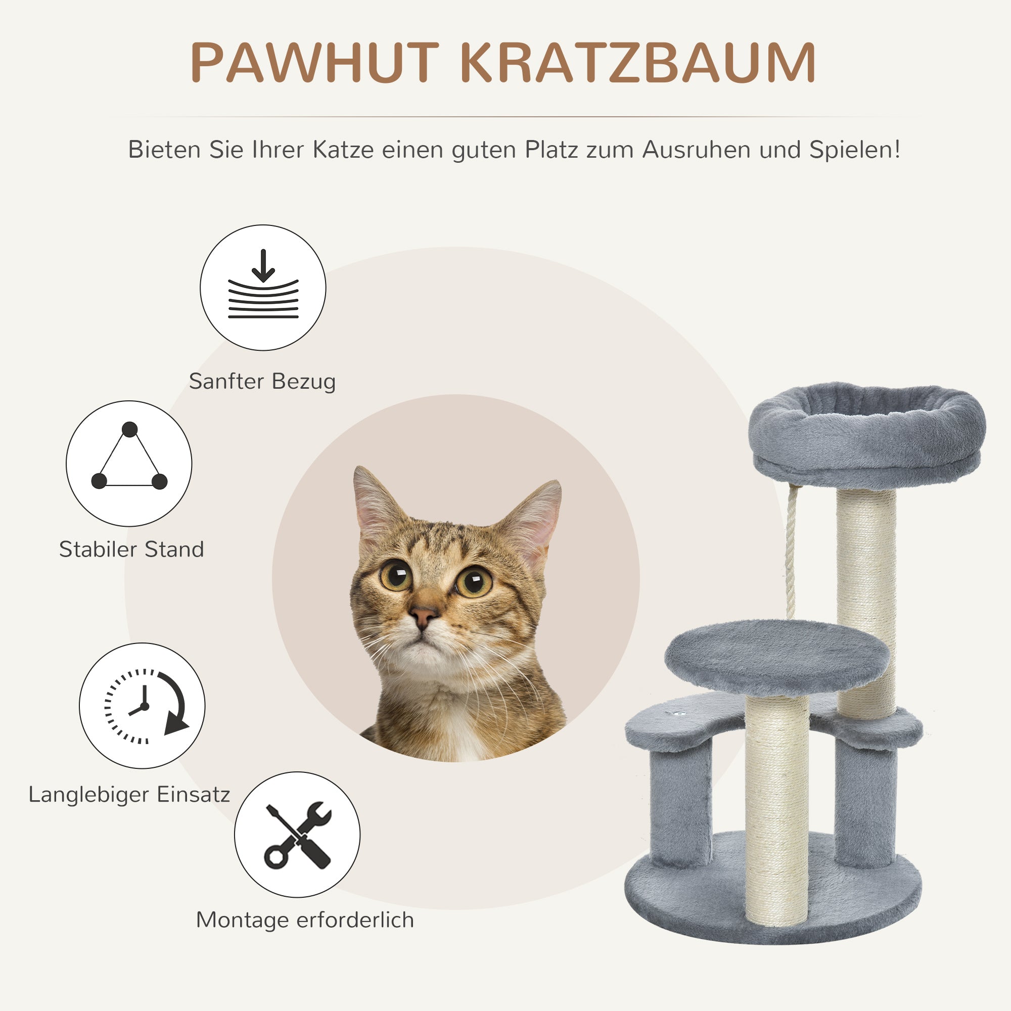 Cat Tree Climbing Tree with Hammock, 3-Tier Play Tree with Cat Bed Cat Scratching Post with Sitting Platform, Sisal Columns, Gray Ø40 x H65 cm