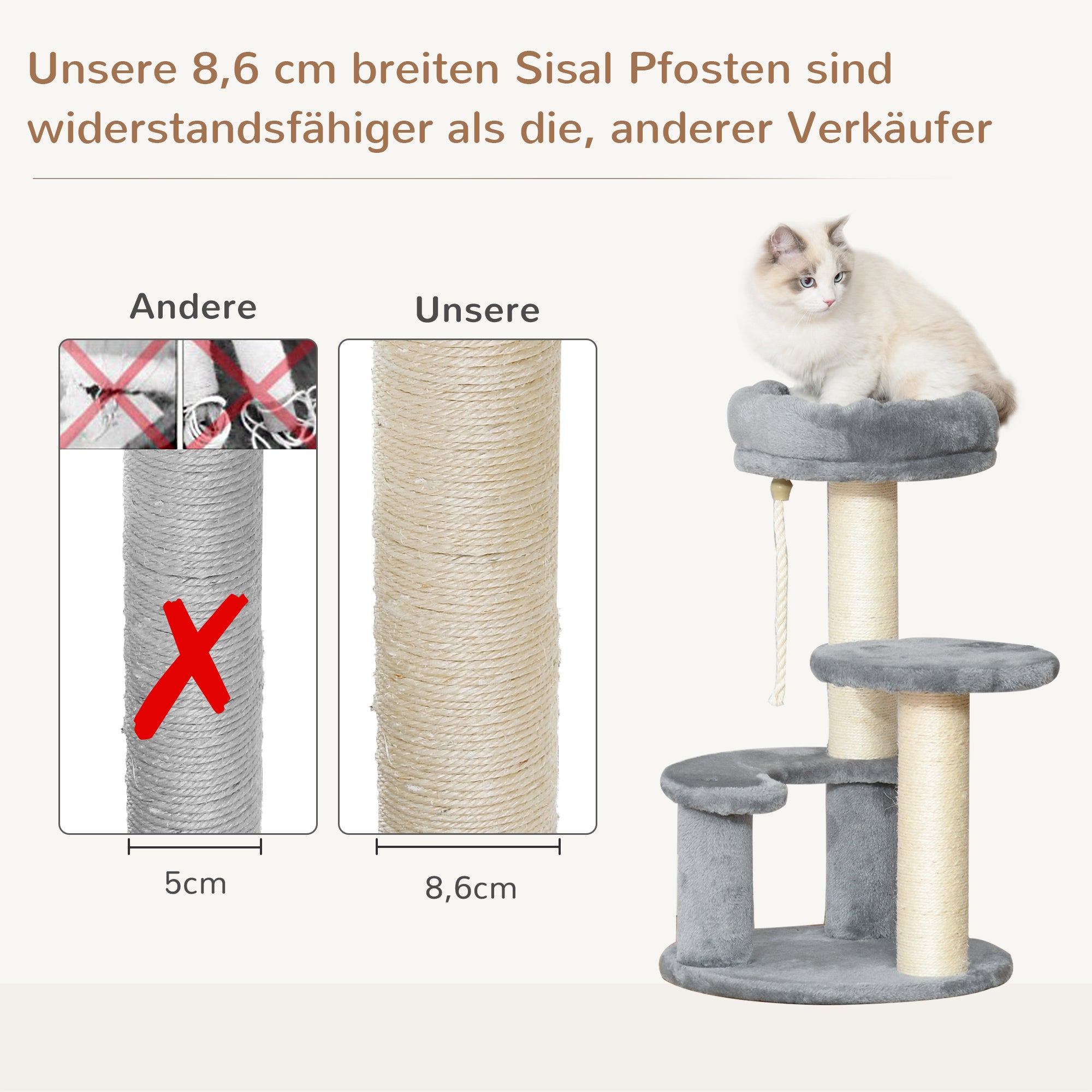Cat Tree Climbing Tree with Hammock, 3-Tier Play Tree with Cat Bed Cat Scratching Post with Sitting Platform, Sisal Columns, Gray Ø40 x H65 cm