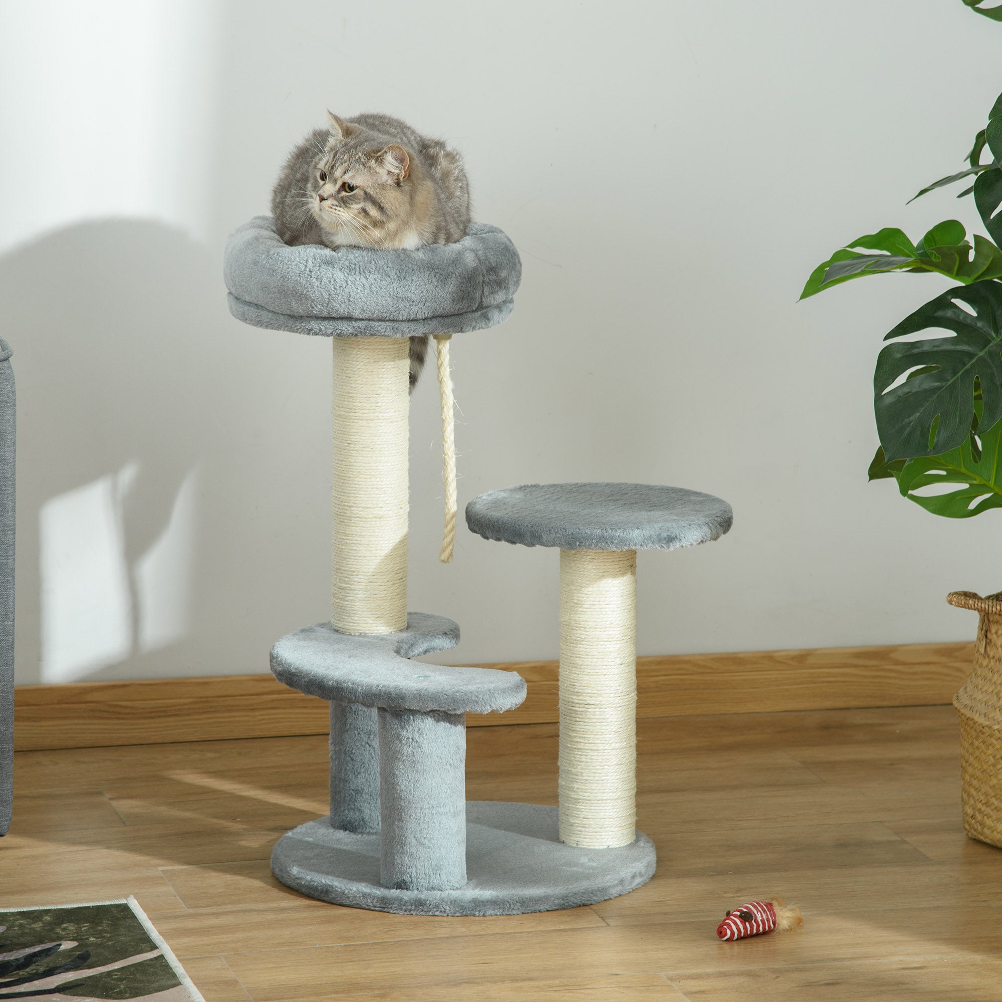 Cat Tree Climbing Tree with Hammock, 3-Tier Play Tree with Cat Bed Cat Scratching Post with Sitting Platform, Sisal Columns, Gray Ø40 x H65 cm