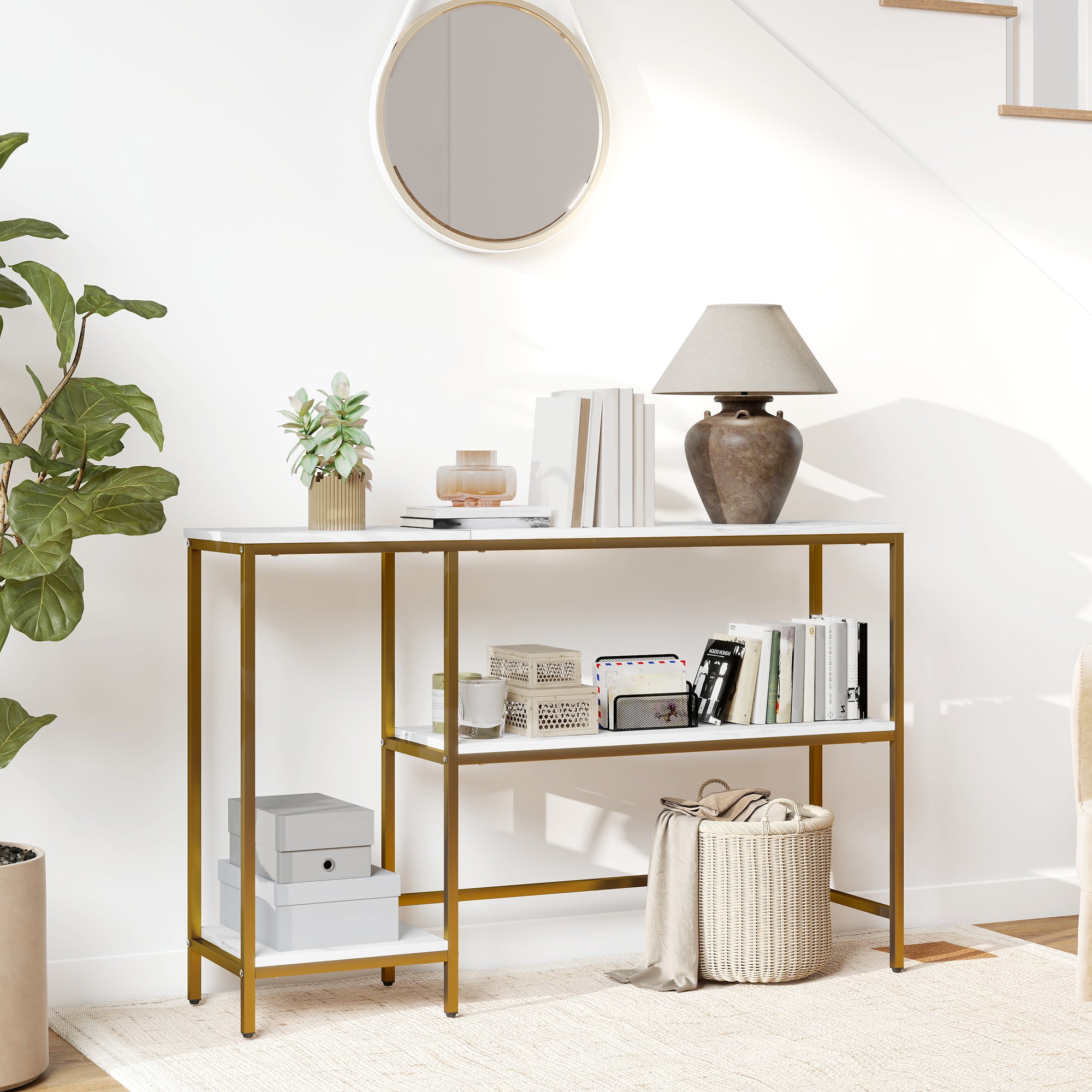 Console Table 47.2 in, 3-Tier Console with Shelves, Marble-Effect Tops, Metal Frame, Entryway & Hall Table, White/Gold