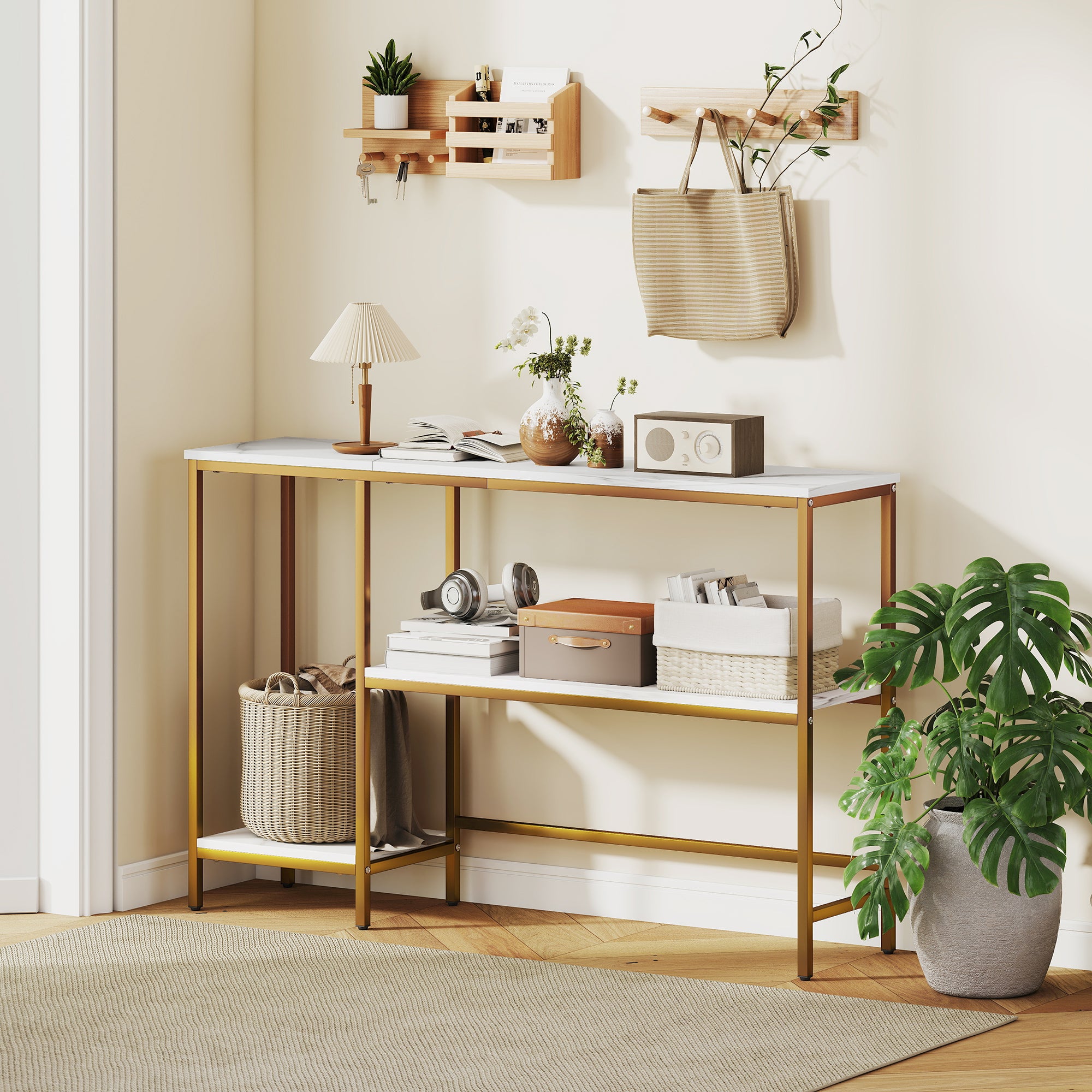 Console Table 47.2 in, 3-Tier Console with Shelves, Marble-Effect Tops, Metal Frame, Entryway & Hall Table, White/Gold