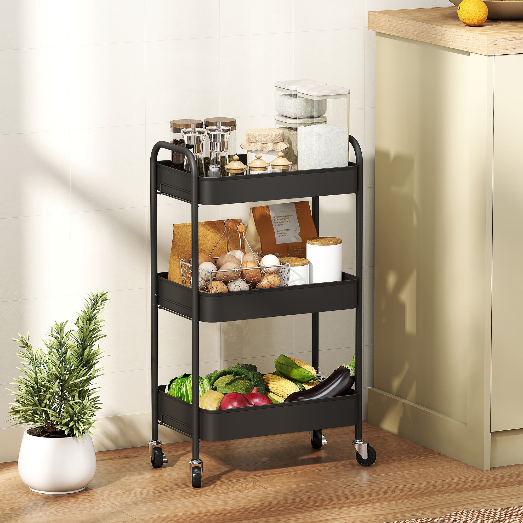 3-Tier Rolling Cart with Mesh Baskets, Wheels, Handles & Hooks – Black Steel