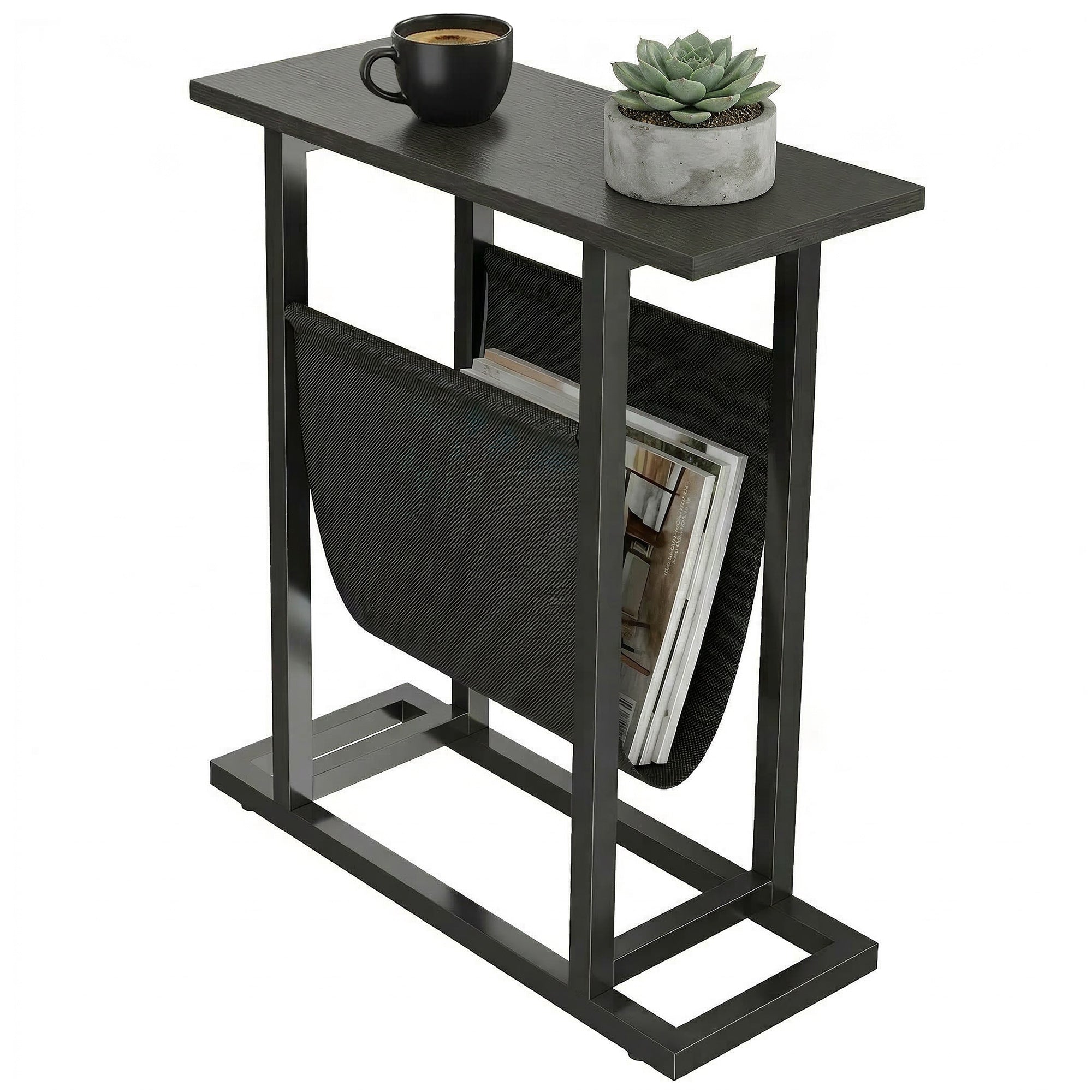 Side Table/Nightstand with Fabric Pocket, Steel Frame End Table for Living Room & Bedroom, 19.3 x 7.5 x 21.7 in, Black