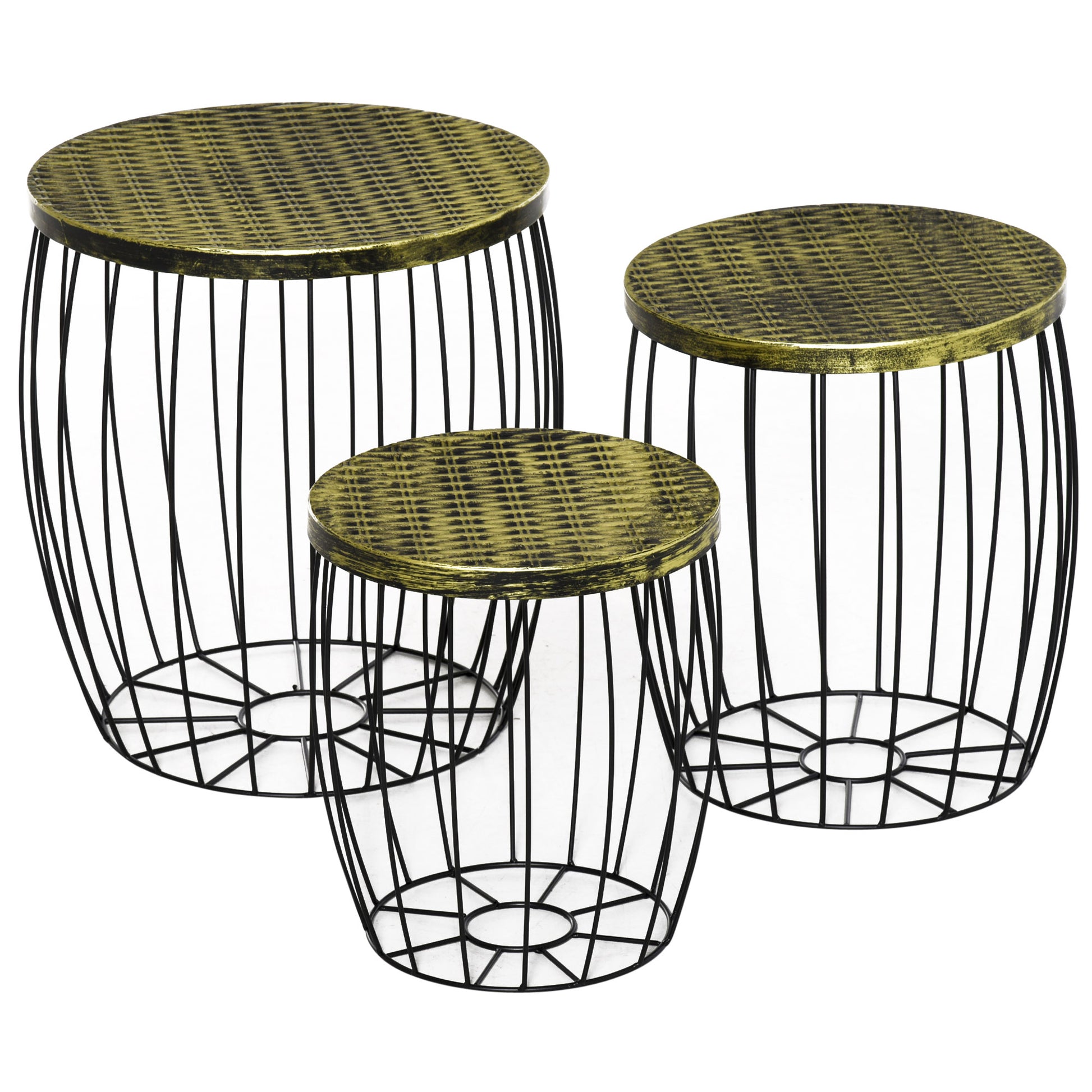 3-Piece Side Table Set Garden Table Retro Metal Wire Basket Outdoor Balcony Furniture Metal Natural+Black 3 Sizes