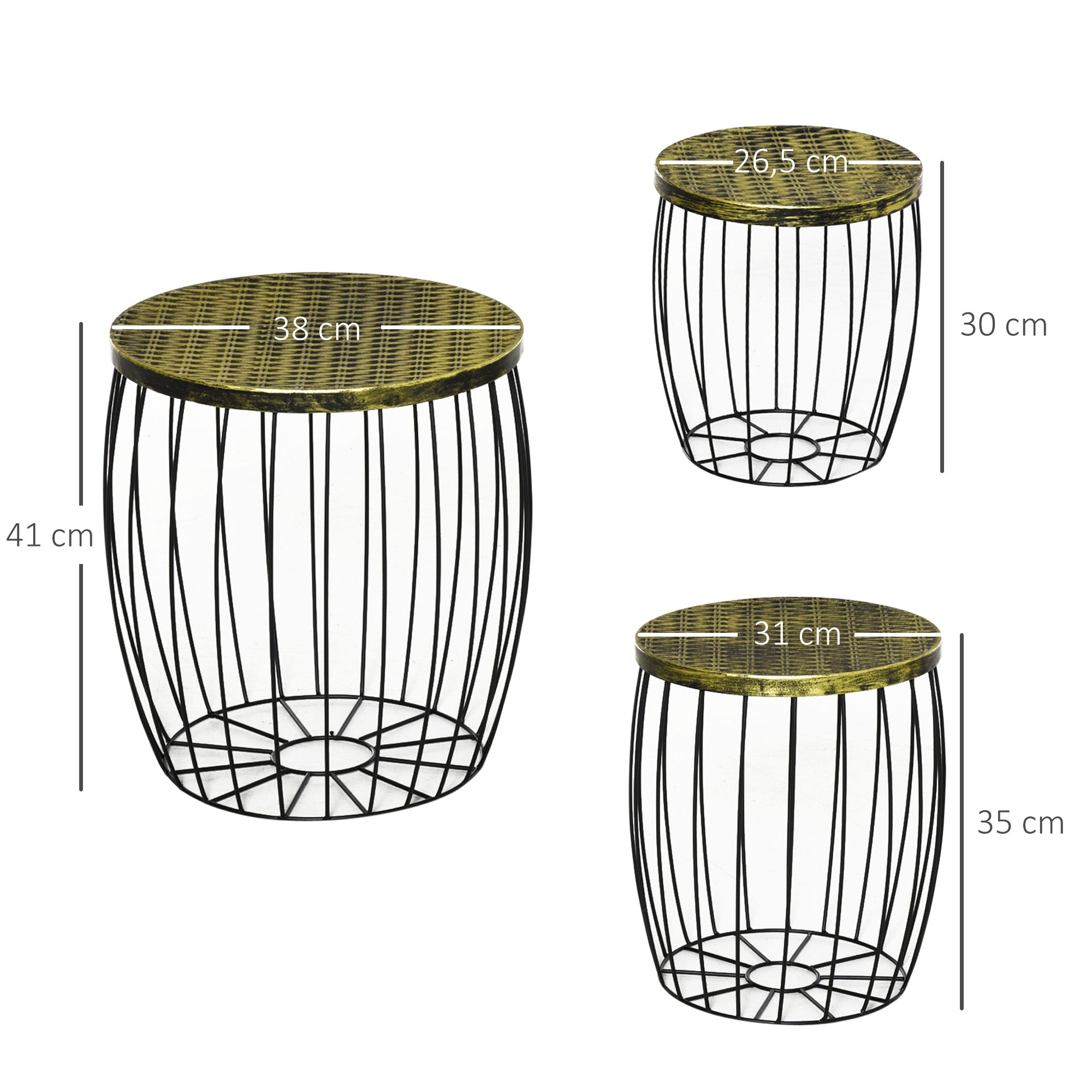 3-Piece Side Table Set Garden Table Retro Metal Wire Basket Outdoor Balcony Furniture Metal Natural+Black 3 Sizes