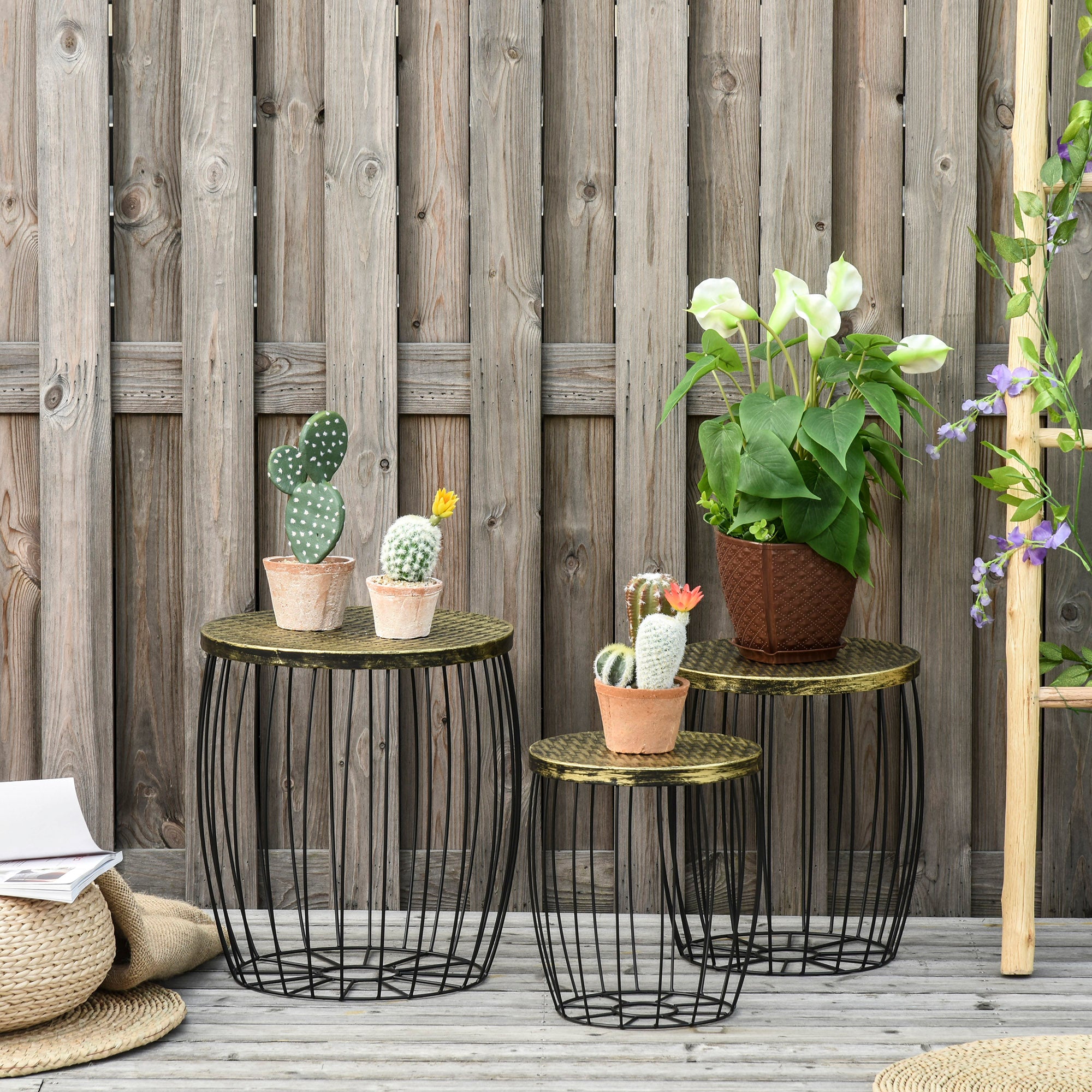 3-Piece Side Table Set Garden Table Retro Metal Wire Basket Outdoor Balcony Furniture Metal Natural+Black 3 Sizes