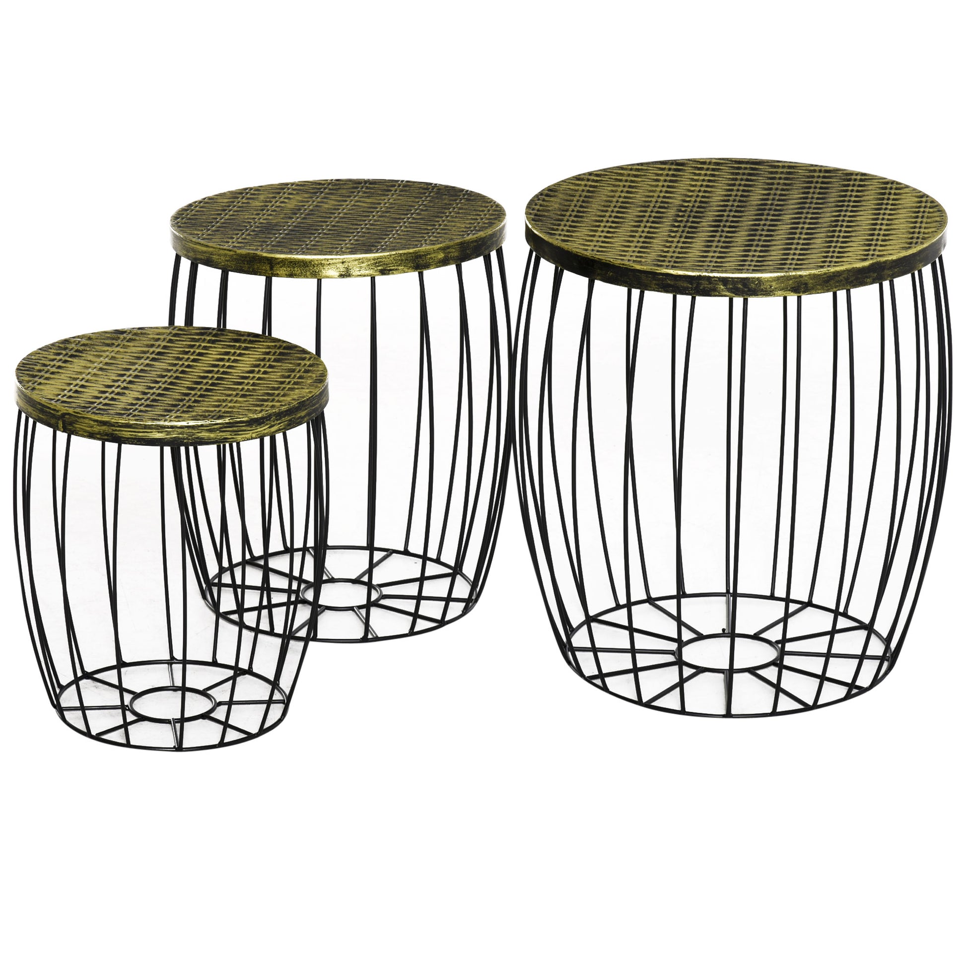 3-Piece Side Table Set Garden Table Retro Metal Wire Basket Outdoor Balcony Furniture Metal Natural+Black 3 Sizes