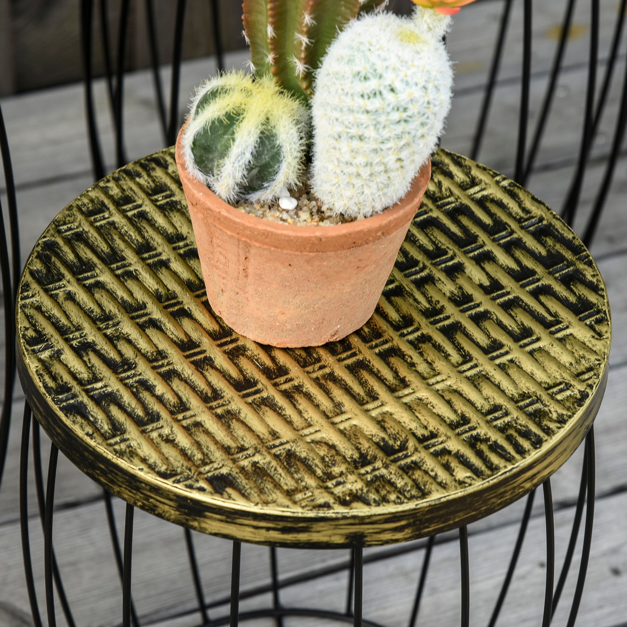 3-Piece Side Table Set Garden Table Retro Metal Wire Basket Outdoor Balcony Furniture Metal Natural+Black 3 Sizes