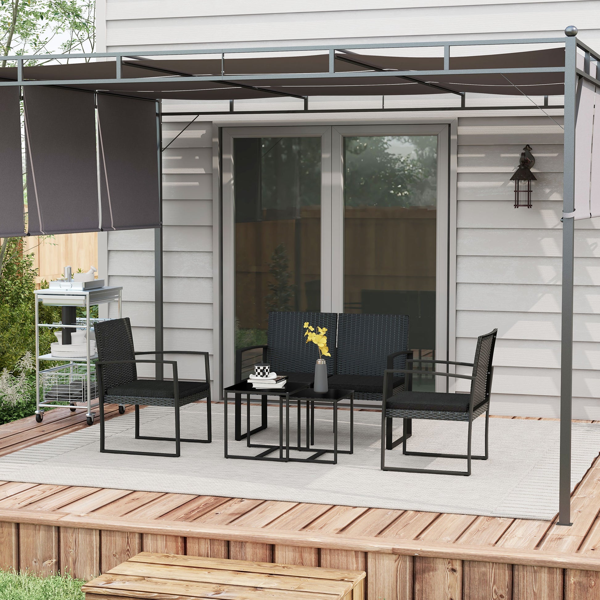 Synthetic Rattan Garden Furniture Set 5-Piece Outdoor Sofas Set with 2 Single Sofas, 1 Double Sofa, and 2 Coffee Tables for Patio Terrace Black