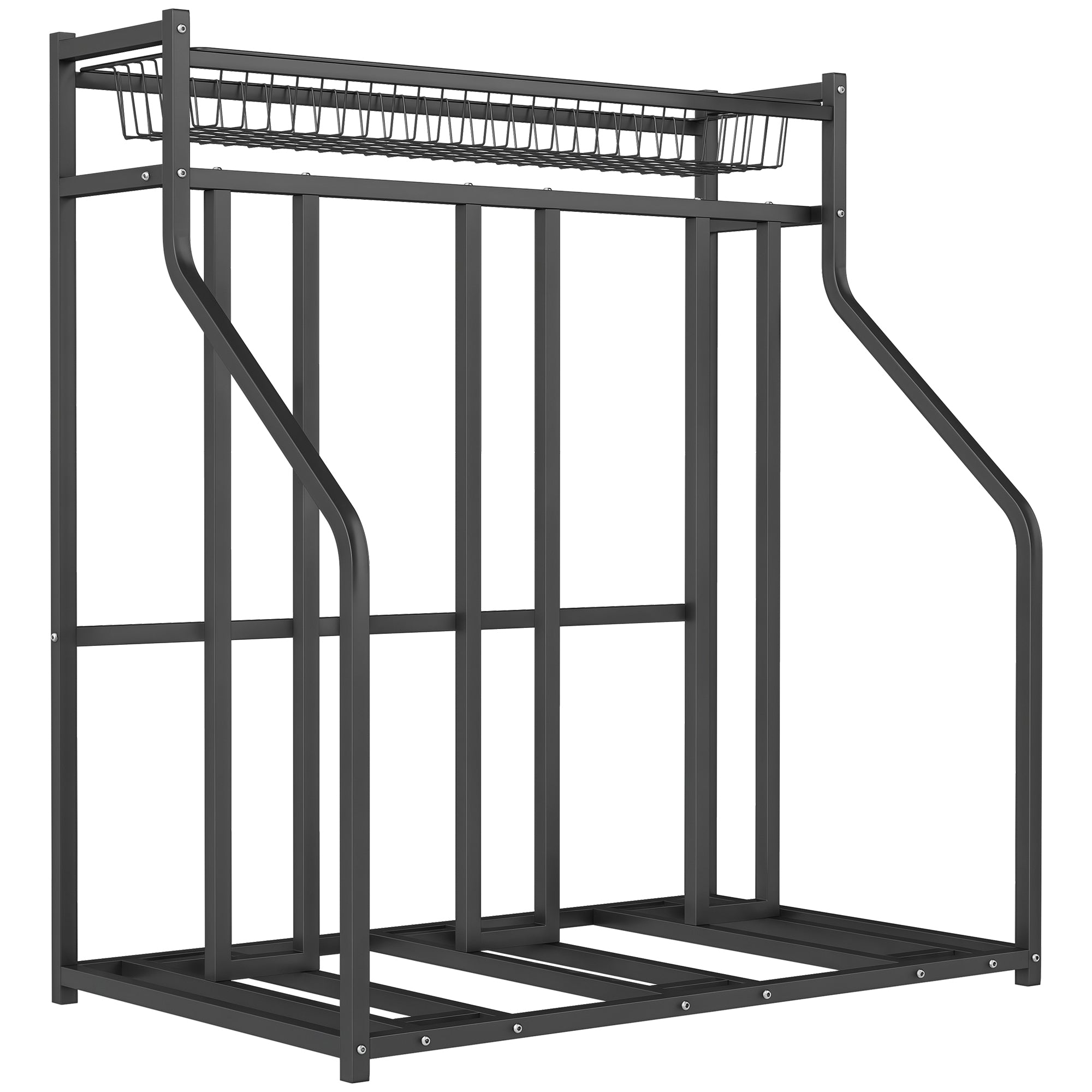 SPORTNOW Bike Stand, 3-Bike Parking Support Stand, with Upper Basket and 4 Adjustable S Hooks, Space for Road Bikes, Mountain Bikes, Hybrids, for Adults or Children, Black