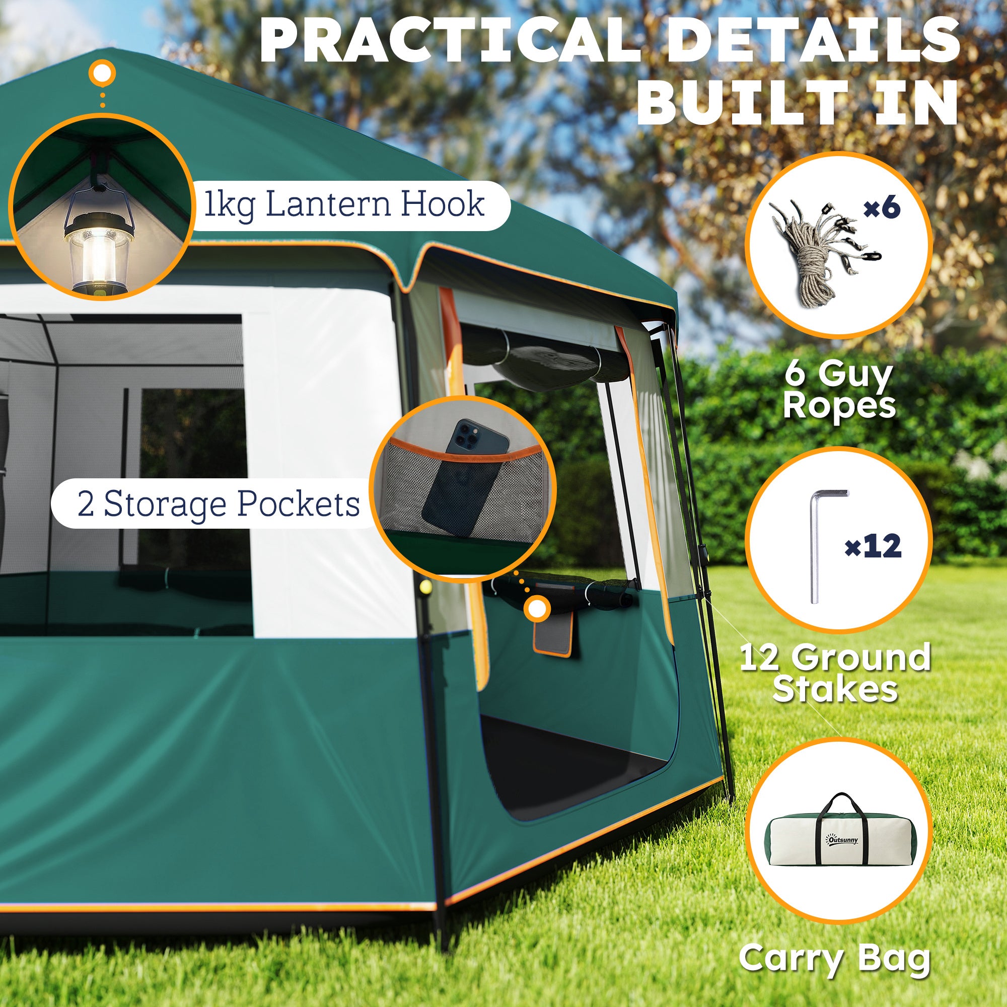 4–6 Person Waterproof Family Camping Tent, Removable Top for Stargazing, 3000 mm Waterproof, UV30+ Sun Protection — Green