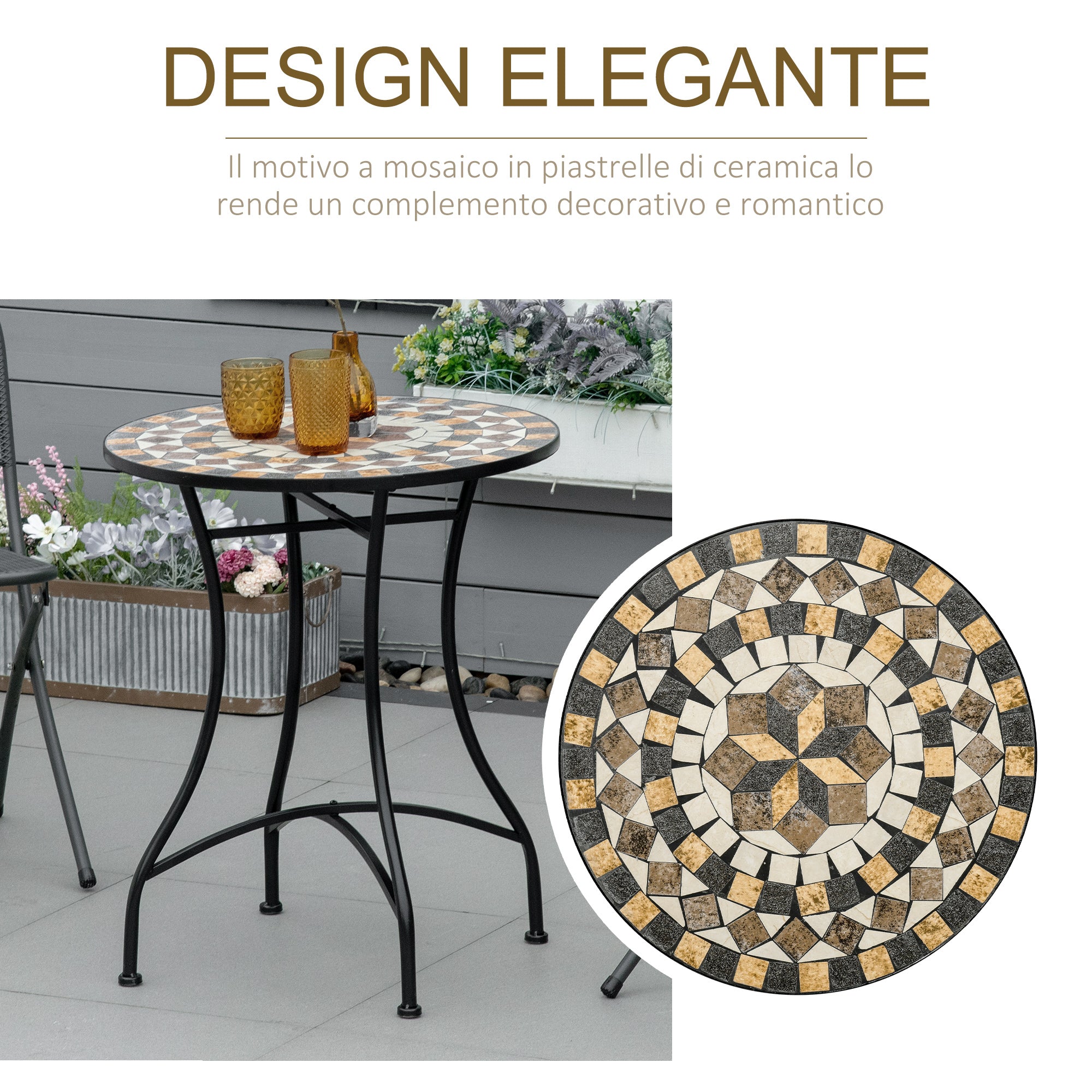 Small Garden Table in Metal and Ceramic, Outdoor Mosaic Table for Terrace or Balcony, 60x71cm, Gray Beige White