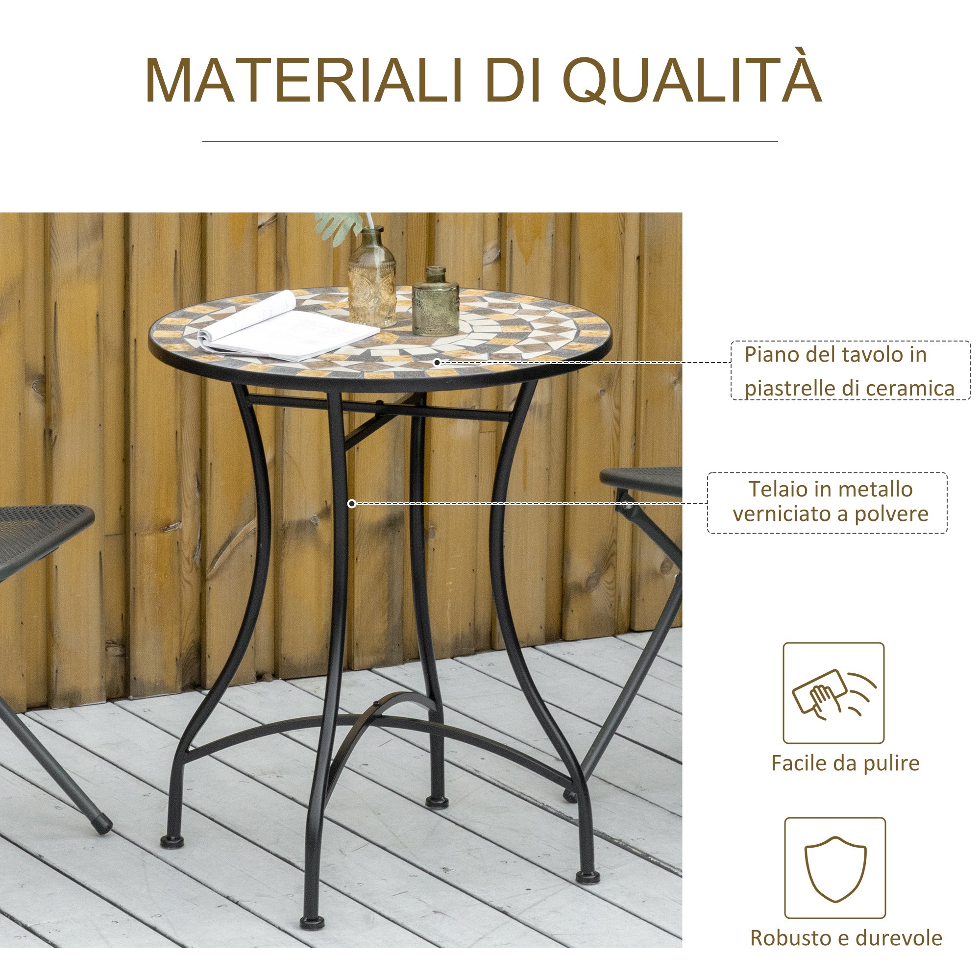 Small Garden Table in Metal and Ceramic, Outdoor Mosaic Table for Terrace or Balcony, 60x71cm, Gray Beige White