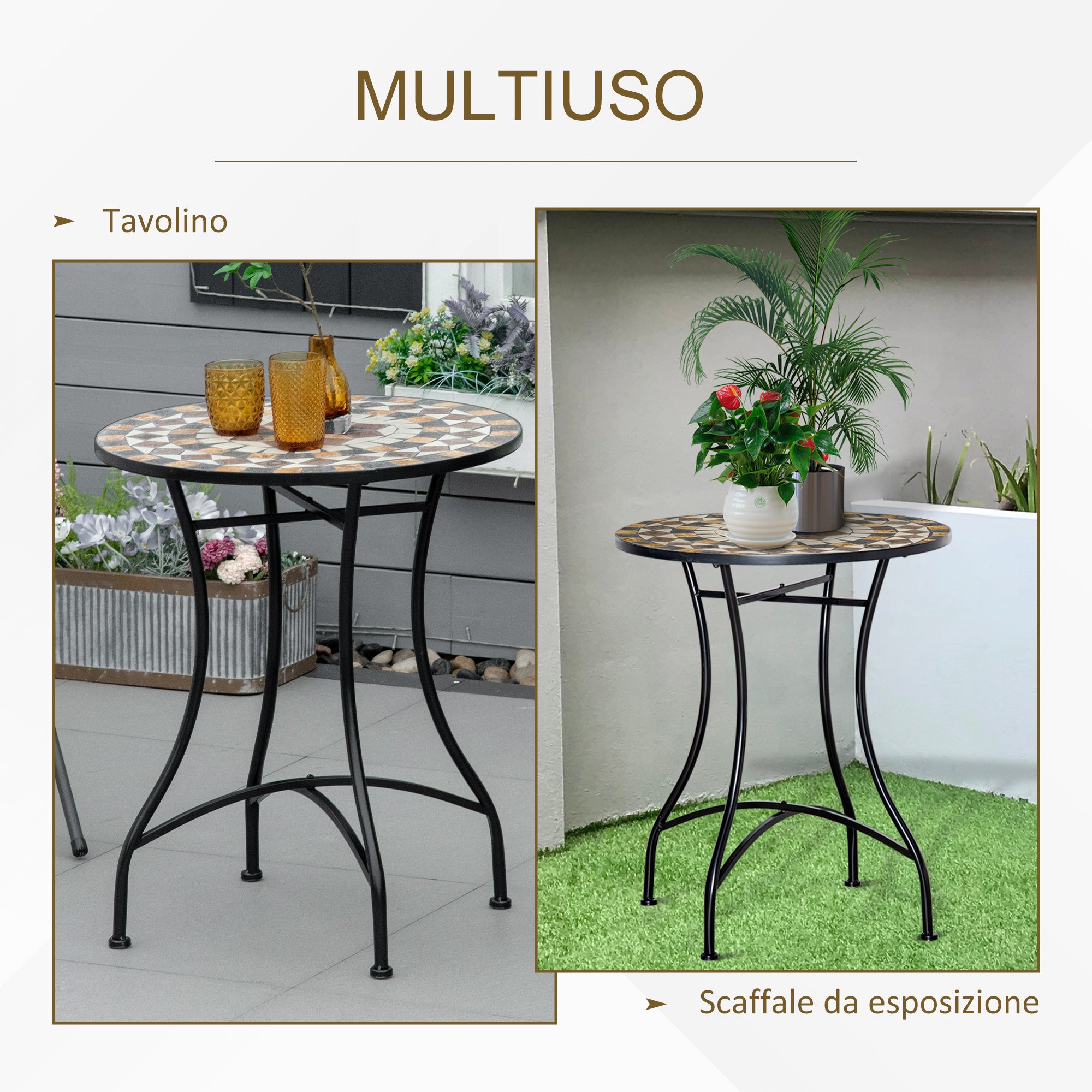 Small Garden Table in Metal and Ceramic, Outdoor Mosaic Table for Terrace or Balcony, 60x71cm, Gray Beige White