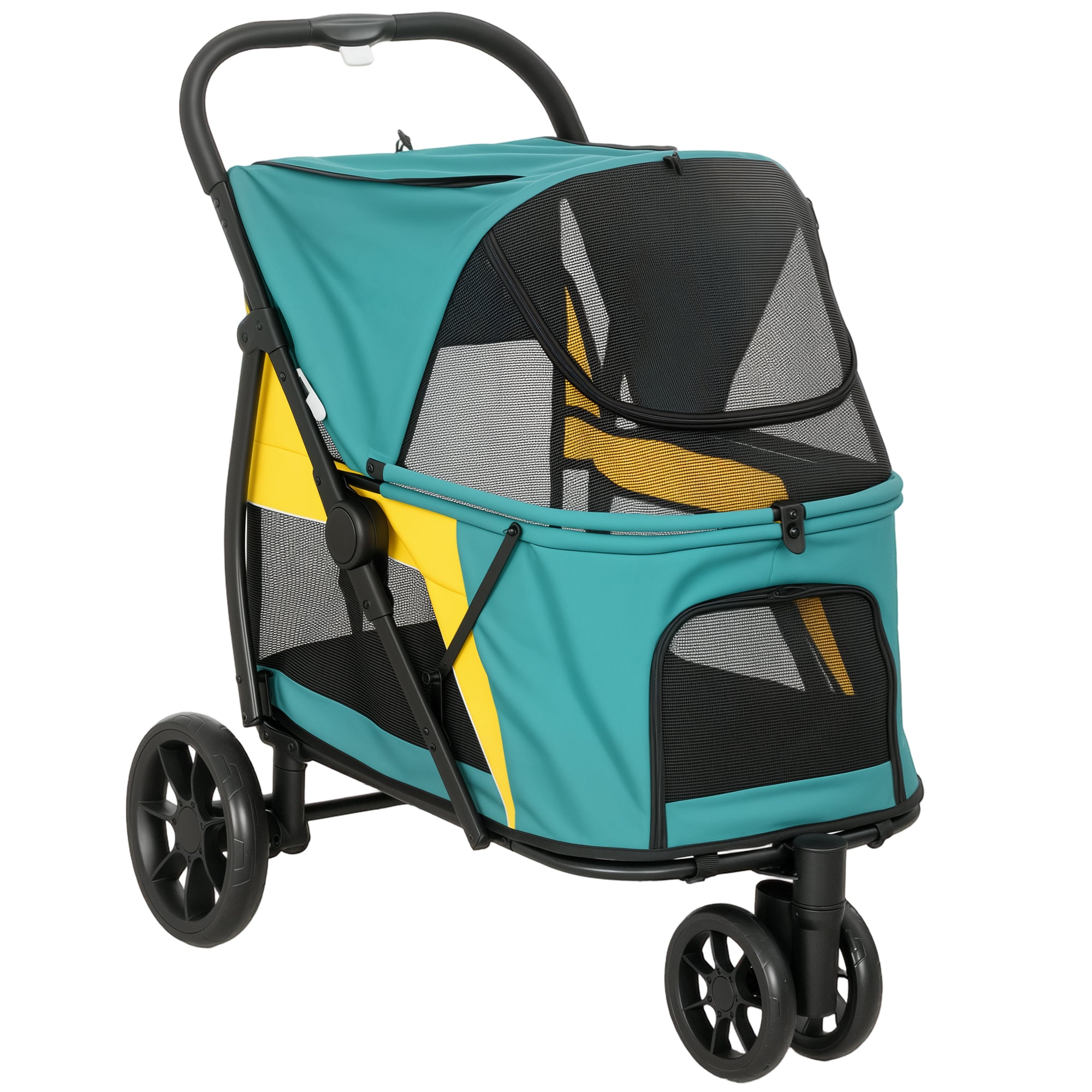 Foldable Dog Stroller / Pet Buggy — For Cats & Dogs up to 44 lb with Cushion, Mesh Windows, Rear Pocket, 360° Swivel Wheels with Brake, Door — Medium Dogs, Dark Green