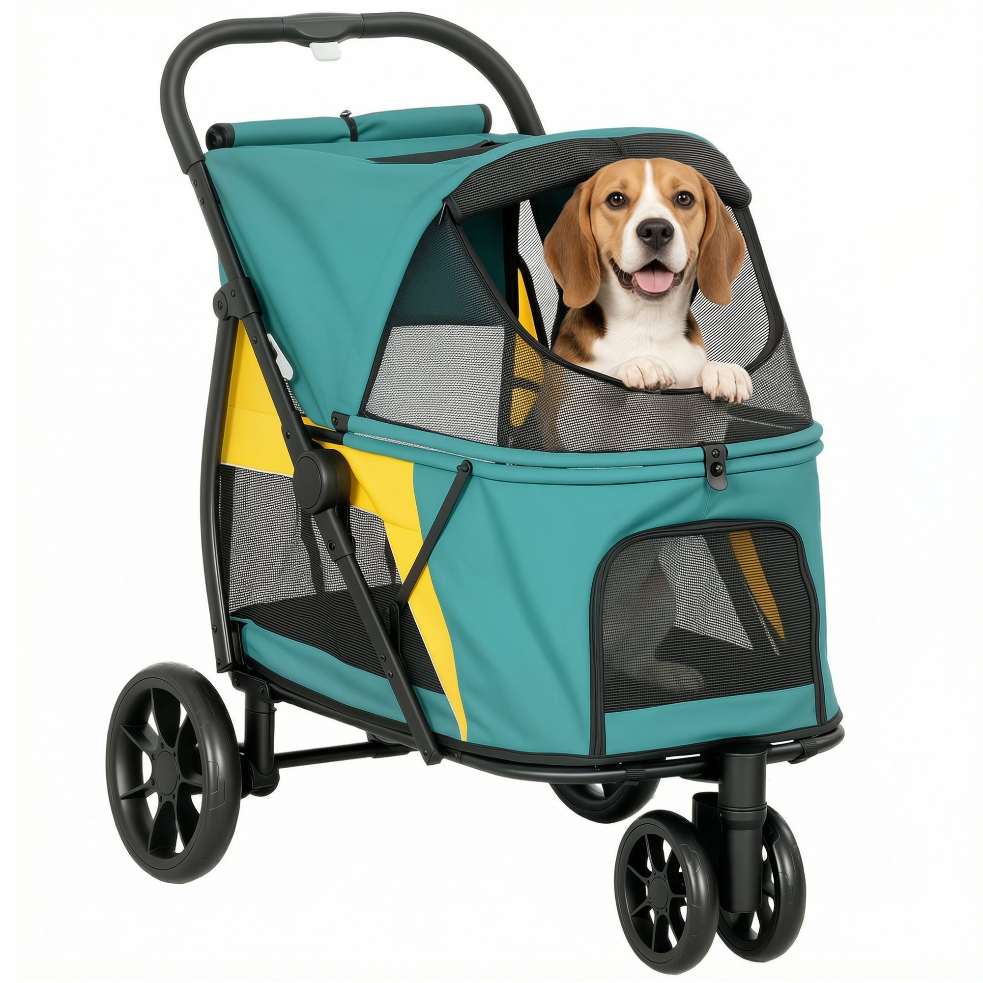 Foldable Dog Stroller / Pet Buggy — For Cats & Dogs up to 44 lb with Cushion, Mesh Windows, Rear Pocket, 360° Swivel Wheels with Brake, Door — Medium Dogs, Dark Green