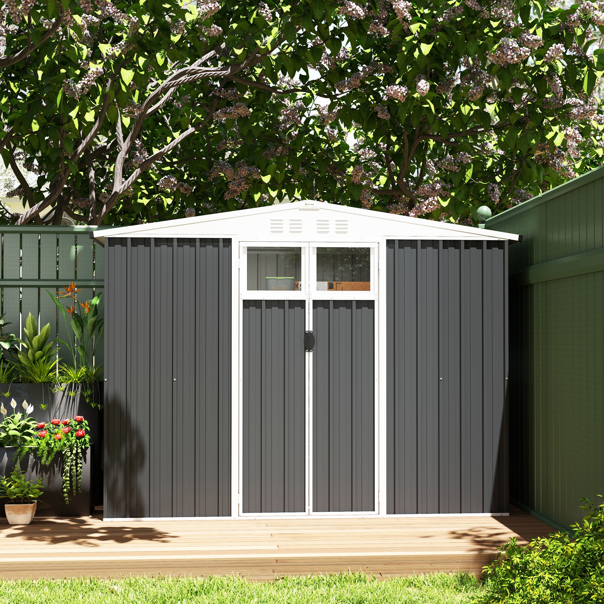 Metal Garden Shed 2.7 m² 246 x 117 x 180 cm Tool Storage Shed with Window, 4 Vents, and Lockable Door, Outdoor Steel Garden Shed, Gray