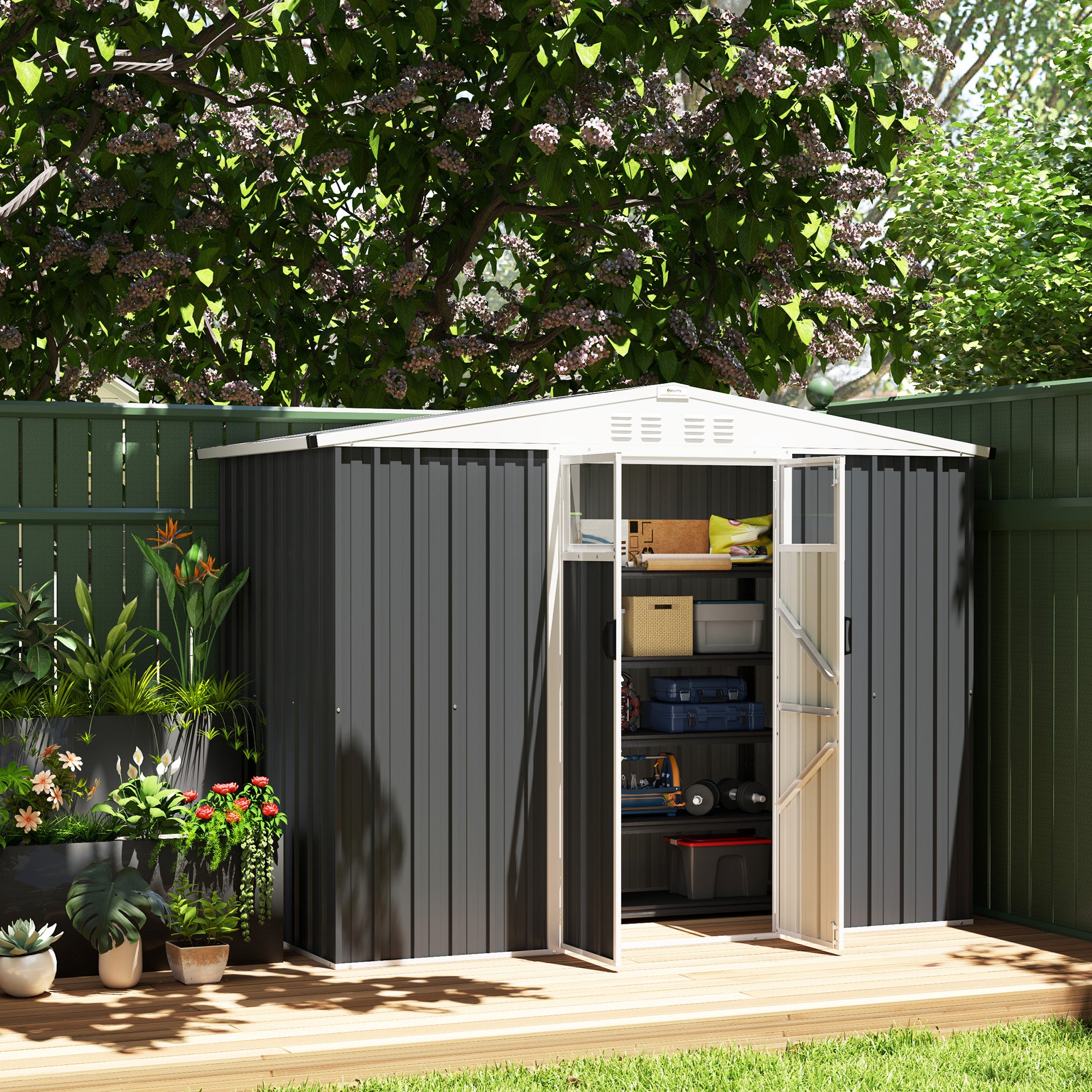 Metal Garden Shed 2.7 m² 246 x 117 x 180 cm Tool Storage Shed with Window, 4 Vents, and Lockable Door, Outdoor Steel Garden Shed, Gray